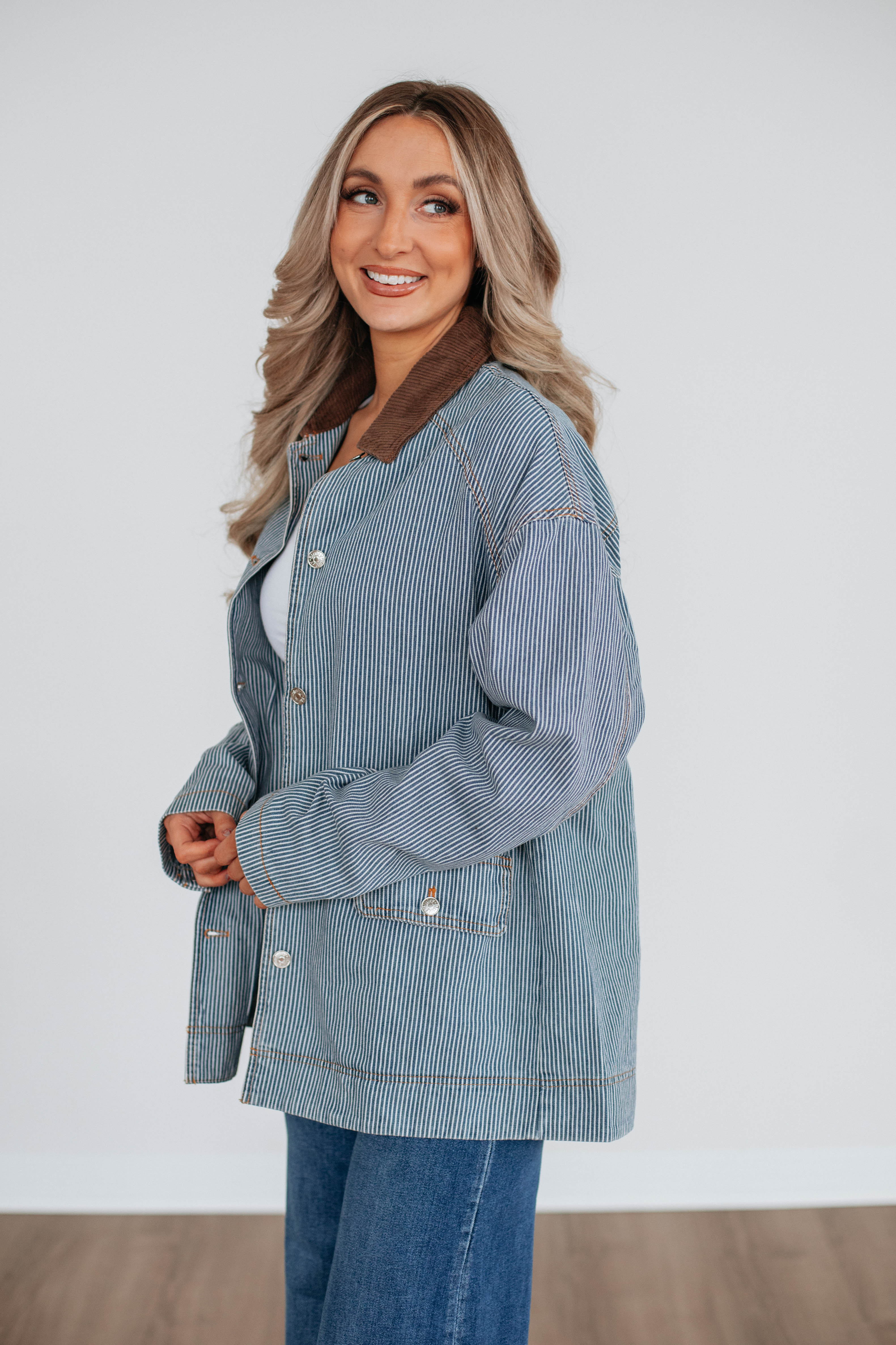 Harlan Striped Denim Jacket for Women - Light Wash Distressed Vintage Style - Perfect for Casual Outfits, Streetwear & Spring Layering