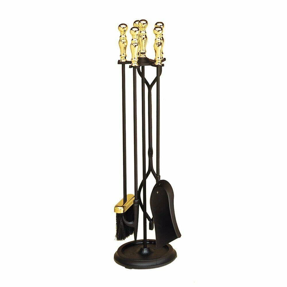 HUIJK 5-Piece Fireplace Tool Set - Black Polished Brass Fireplace Accessories for Wood Burning Stoves, Fire Pits & Outdoor Fireplaces - Perfect for Home Heating, Camping & Backyard Gatherings