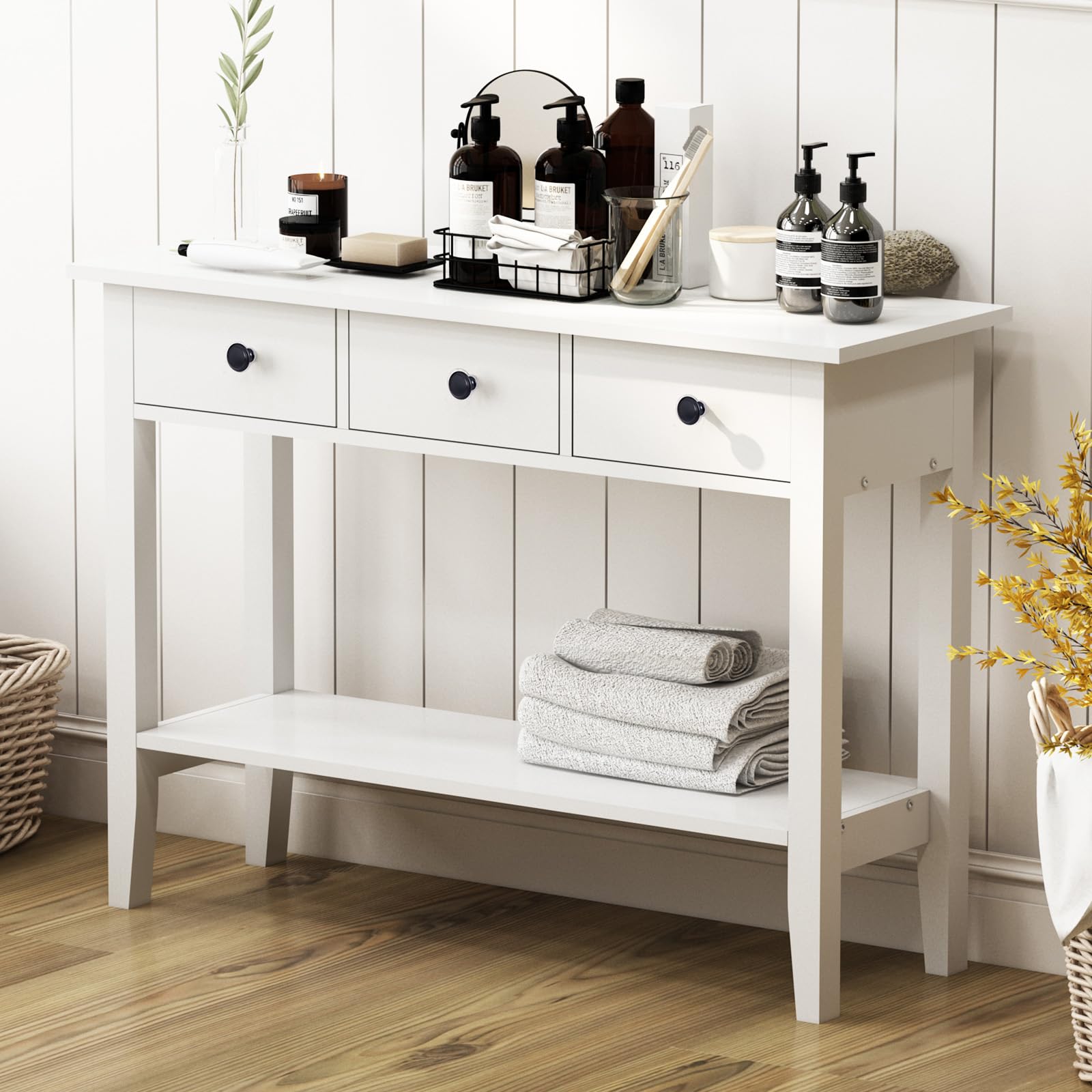 SogesFurniture White Narrow Long Entryway Console Table with 3 Drawers & Open Shelf - 2-Tier Wooden Sofa Table for Living Room, Hallway, Bedroom - Perfect for Storage & Home Decor