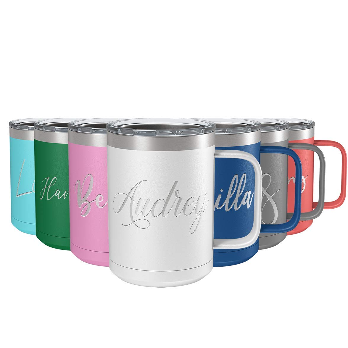 Custom Engraved 15 oz White Matte Stainless Steel Vacuum Insulated Coffee Mug - Personalized Gift with Handle for Office, Home & Travel Use