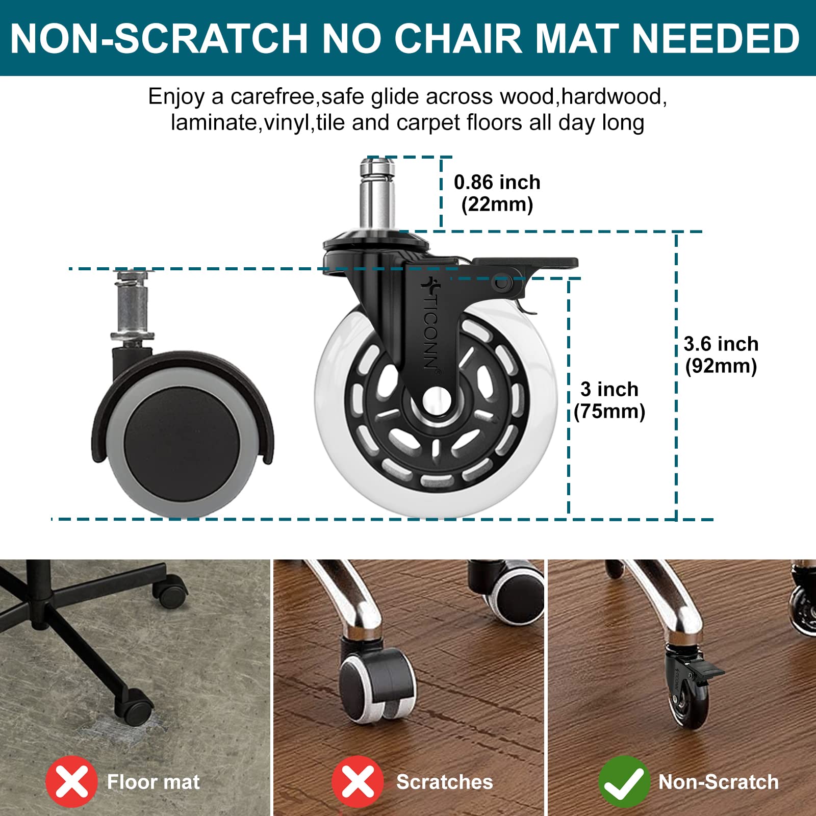 TICONN 5-Piece Office Chair Caster Wheels Set - Universal Fit for Most Chairs, Smooth Rolling on Tile, Hardwood Floors & Carpets (Transparent with Brake) - Perfect for Home Office, Gaming & Workspace Mobility