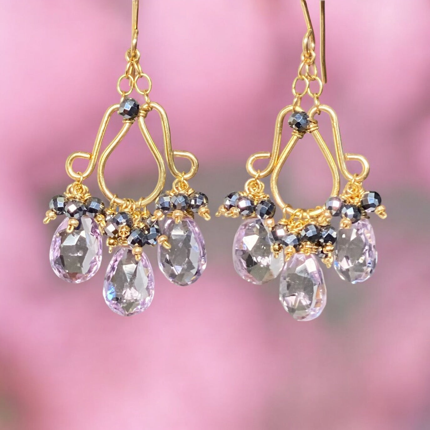 Pink Amethyst Chandelier Earrings - 14K Gold Filled Dangle Earrings with Black Crystal Clusters for Women, Gift for Her, Wedding, Party, Evening Wear
