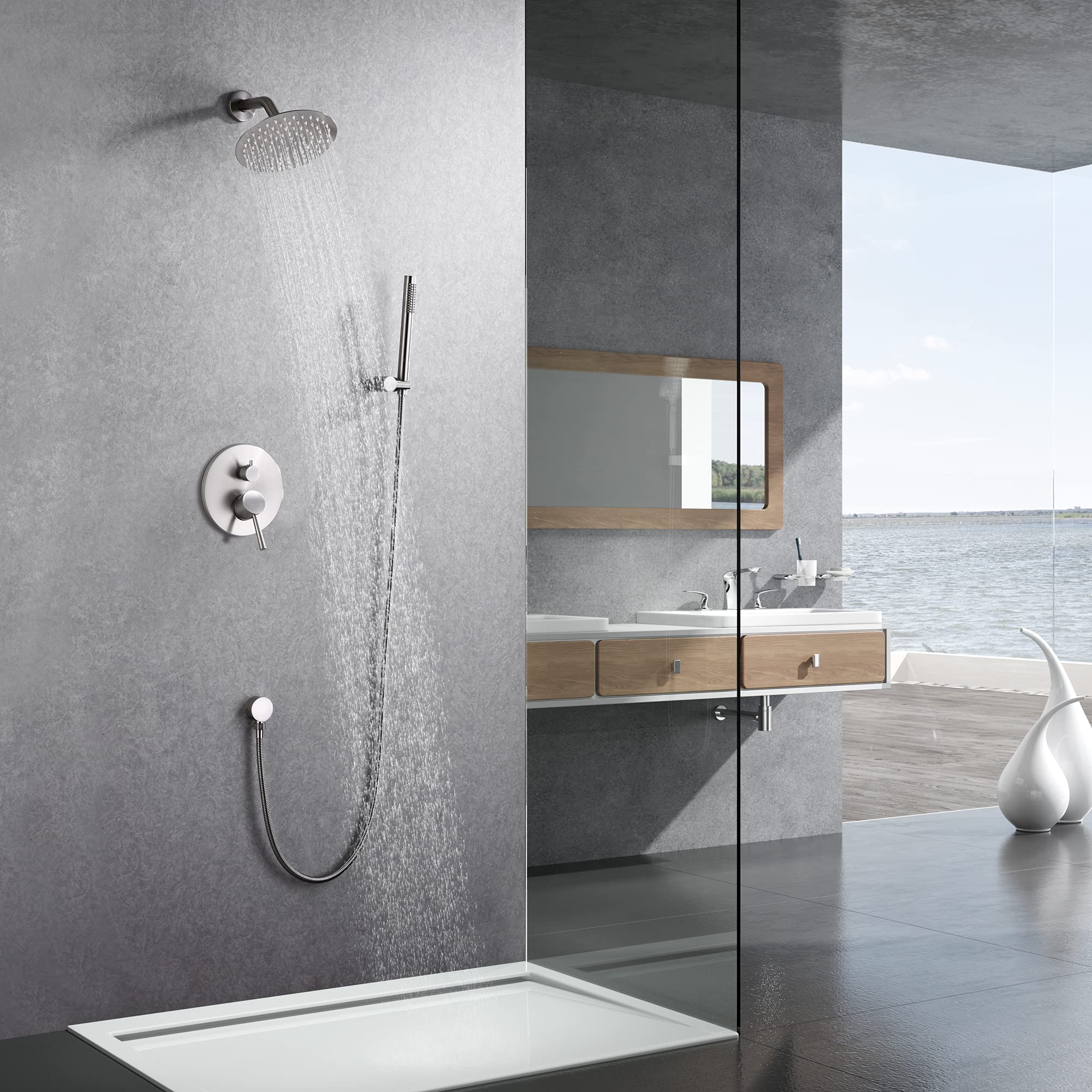 Premium Wall Mounted Rainfall Shower System with Waterfall Roman Tub Faucet - Modern Bathroom Fixtures for Luxury Spa Experience at Home (Model S3223NI + S2138NW)