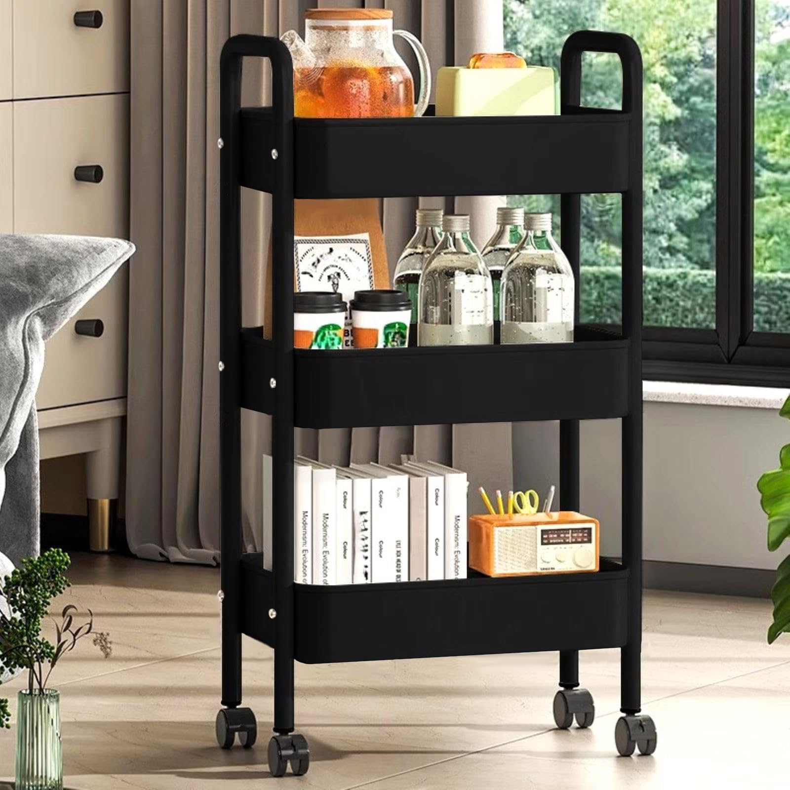 3 Tier Rolling Cart with Wheels - Heavy Duty Metal Utility Cart, Detachable Storage Organizer Trolley for Kitchen, Living Room, Office & Garage - Space Saving Mobile Storage Solution (Black) - Perfect for Organizing Pantry Items, Office Supplies, Bathroom Essentials & Garage Tools