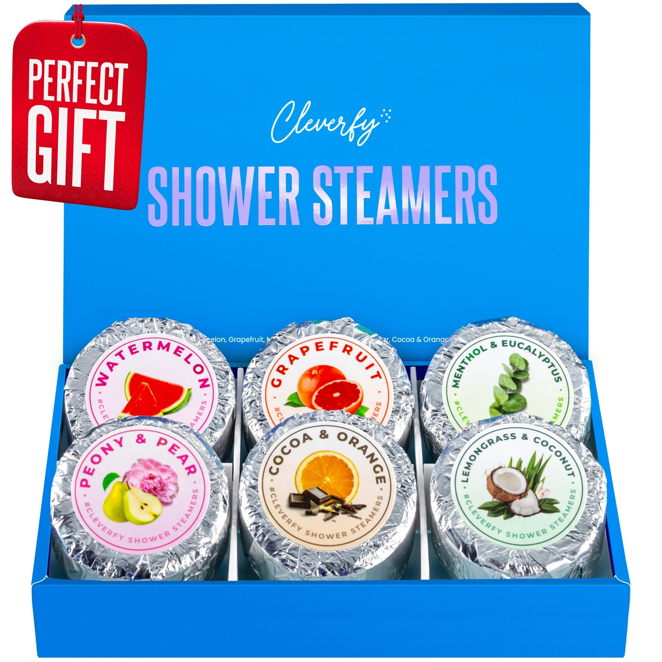Cleverfy Aromatherapy Shower Steamers - Set of 6 Relaxing Blue Shower Bombs with Essential Oils for Stress Relief & Spa Experience at Home