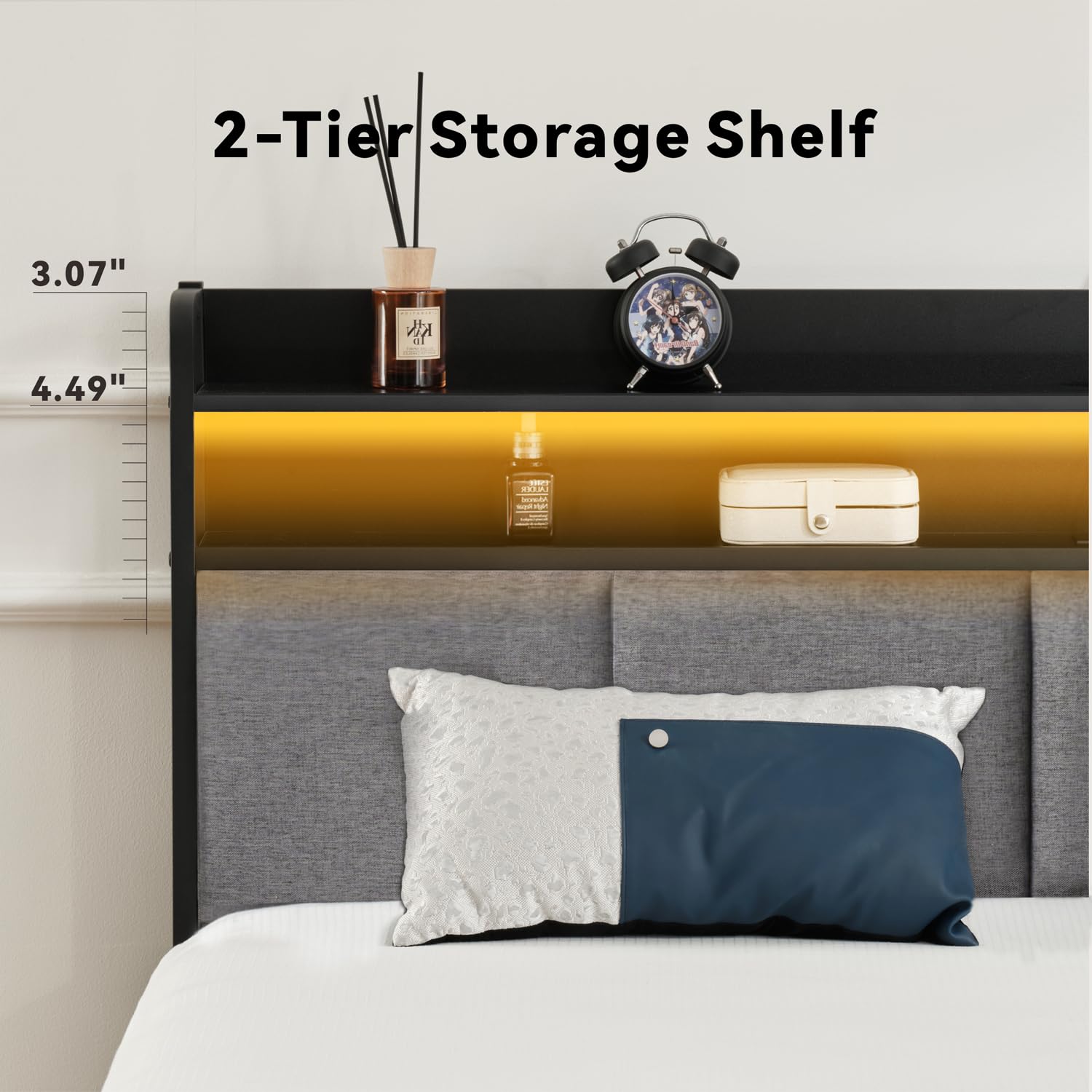 Z-hom Upholstered Twin Bed Frame with LED Headboard - Modern Metal Platform Bed with USB Charging Ports & Storage Shelves, Noise-Free Easy Assembly Bedroom Furniture for Teens, Dorms & Small Spaces