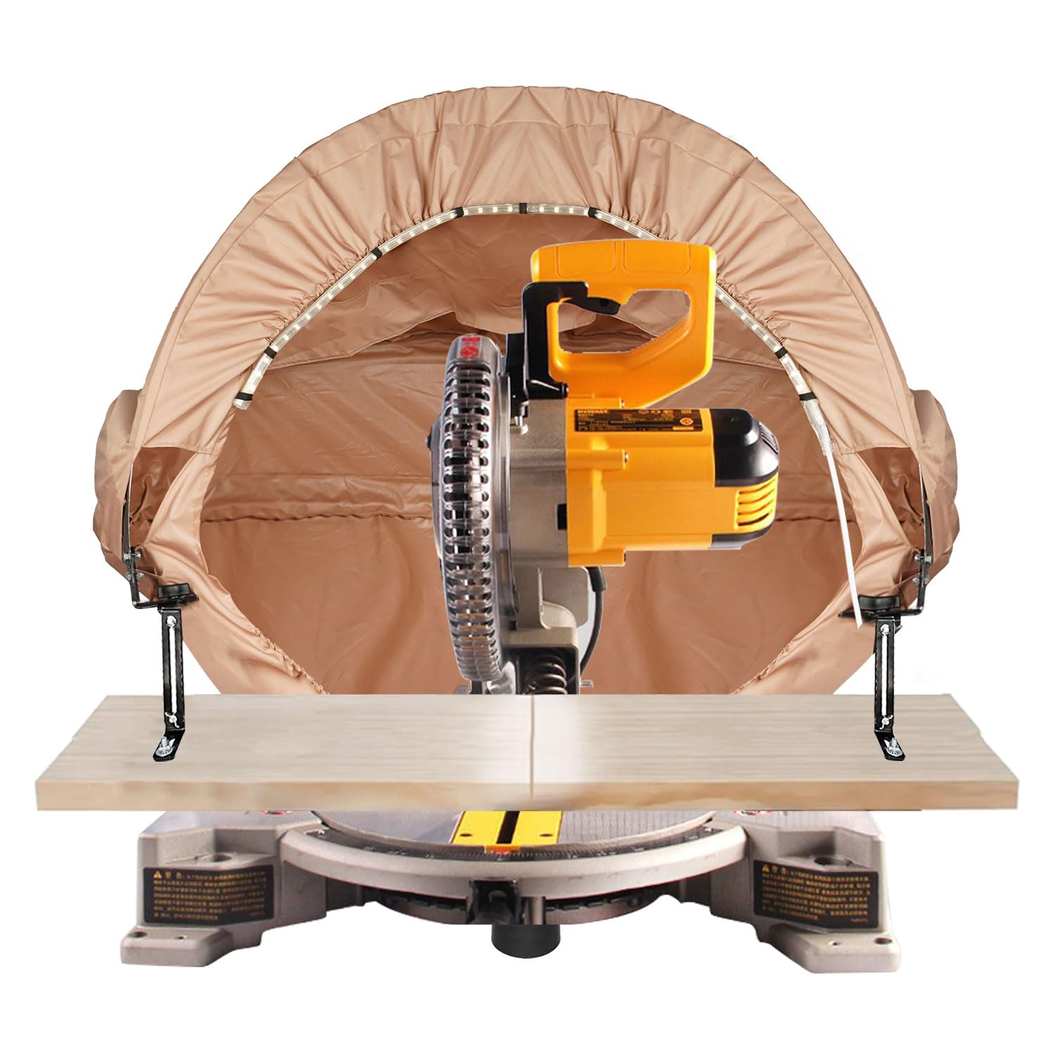 **Miter Saw Dust Collection Hood with LED Light - Universal Dust Solution for Miter Saw Tables - Dust Hood Attachment with Accessory Holes & Storage Bag - Perfect for Woodworking, DIY Projects & Home Renovations (Khaki)**