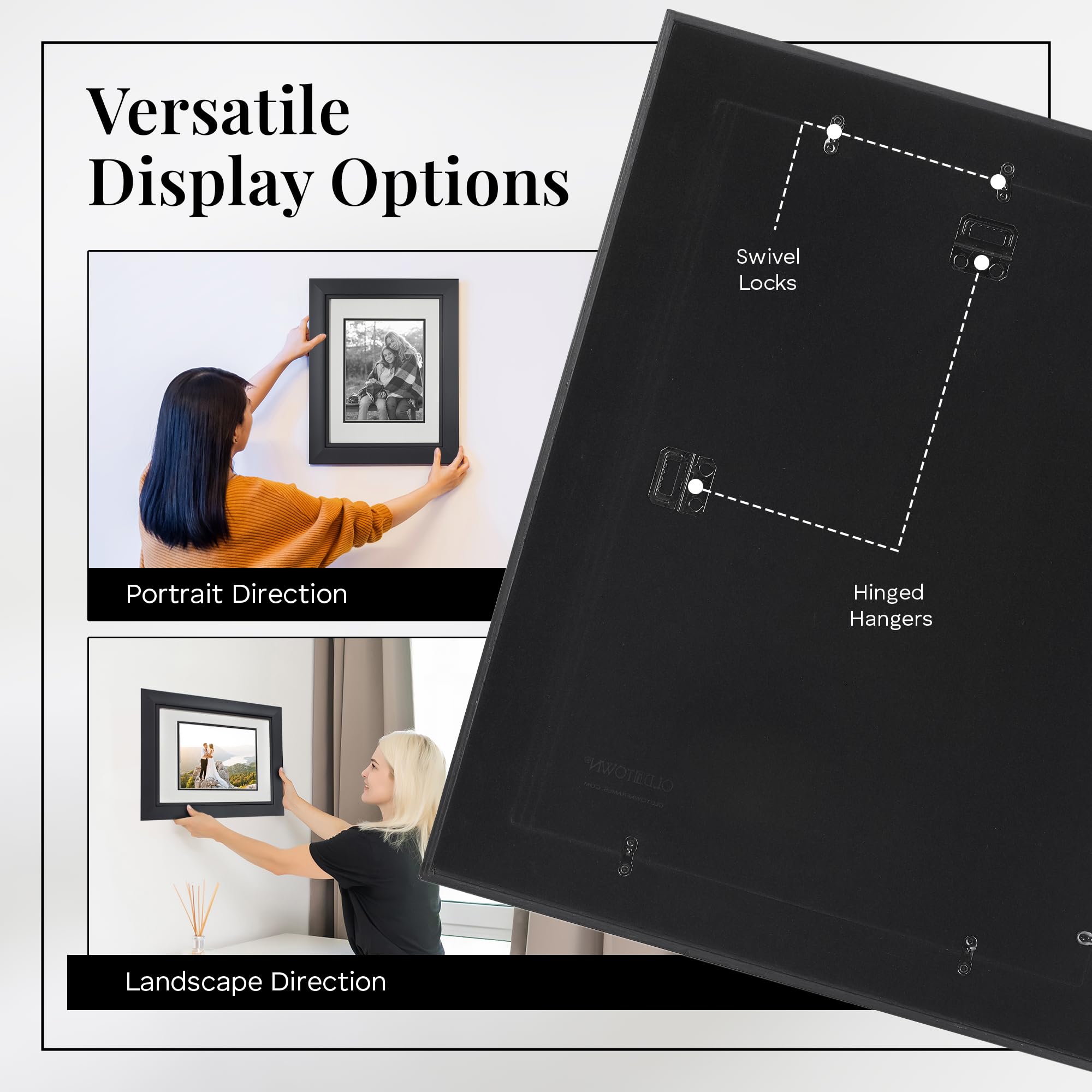 Old Town Designer Picture Frames - Set of 2 (11x14 Inches) with Velour Back & Removable 8x10 Mat - Eco-Friendly Recycled EPS & Acrylic Glass Photo Frames - Perfect for Wall Decor, Office Desk, or Home Display - Black
