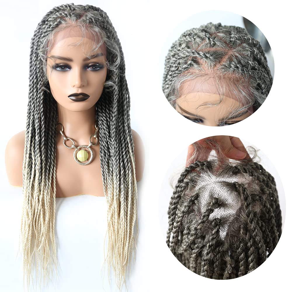 Premium Hand-Tied Box Braid Wigs for Women | Swiss Lace Front | Natural Looking Twist Micro Box Braids with Baby Hair | Kanekalon Synthetic Long Lightweight Hair | #1B/613T Black Blonde Ombre | Perfect for Daily Wear, Cosplay & Protective Styling