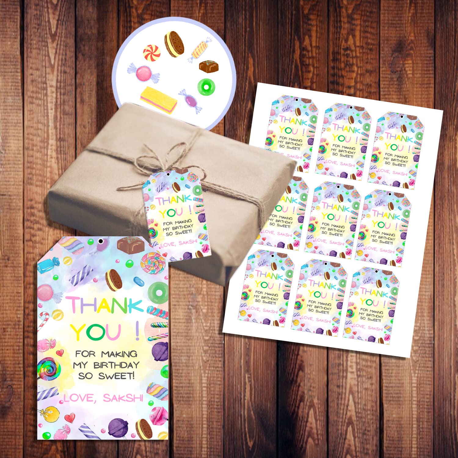 Personalized Candyland Theme Thank You Gift Tags with String - Sweet Candy Themed Party Supplies for Kids Birthday, Wedding, Baby Shower - Pack of 50 Multi-Color Tags - Perfect for Party Favors, Decorations & Thank You Notes