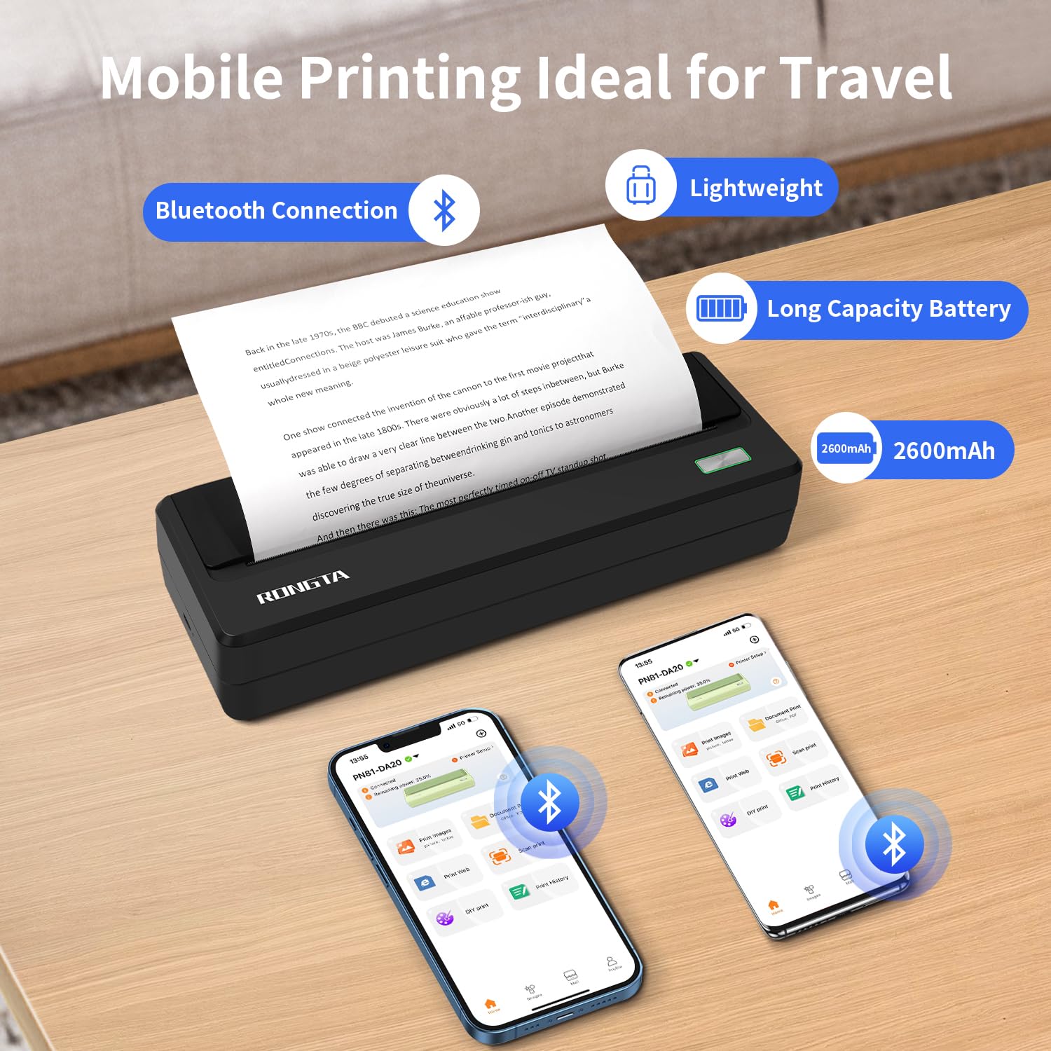 Rongta Wireless Bluetooth Thermal Printer - Portable Inkless Travel Printer with 300 DPI Resolution for Home & Office Use | Compatible with Android, iOS, Laptop | Supports 8.5