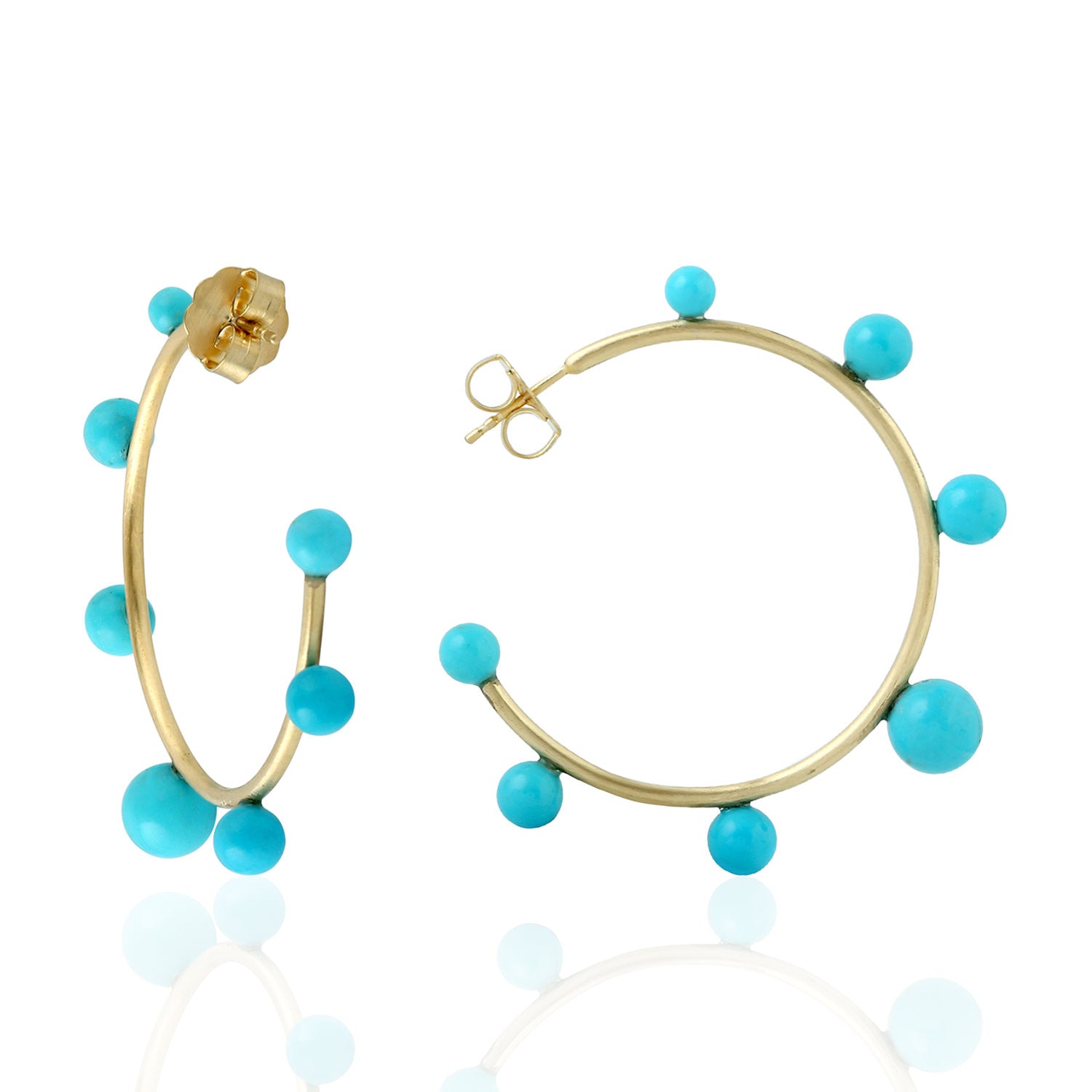 18K Yellow Gold Ball Cut Turquoise Gemstone Long Hoop Earrings for Women | Elegant Dangle Statement Jewelry | Perfect for Parties, Weddings & Everyday Wear