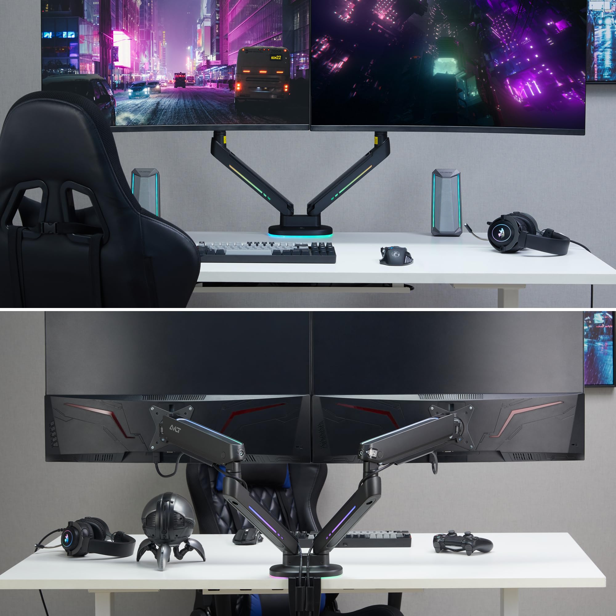AVLT Dual 27”-43” RGB Gaming Monitor Arm Desk Mount with 20 Lighting Modes & Touch Control - Adjustable Stand for Flat/Curved/Ultrawide Screens - Height, Swivel & Tilt Rotation - Black | Perfect for Gaming Setup & Home Office Workstation