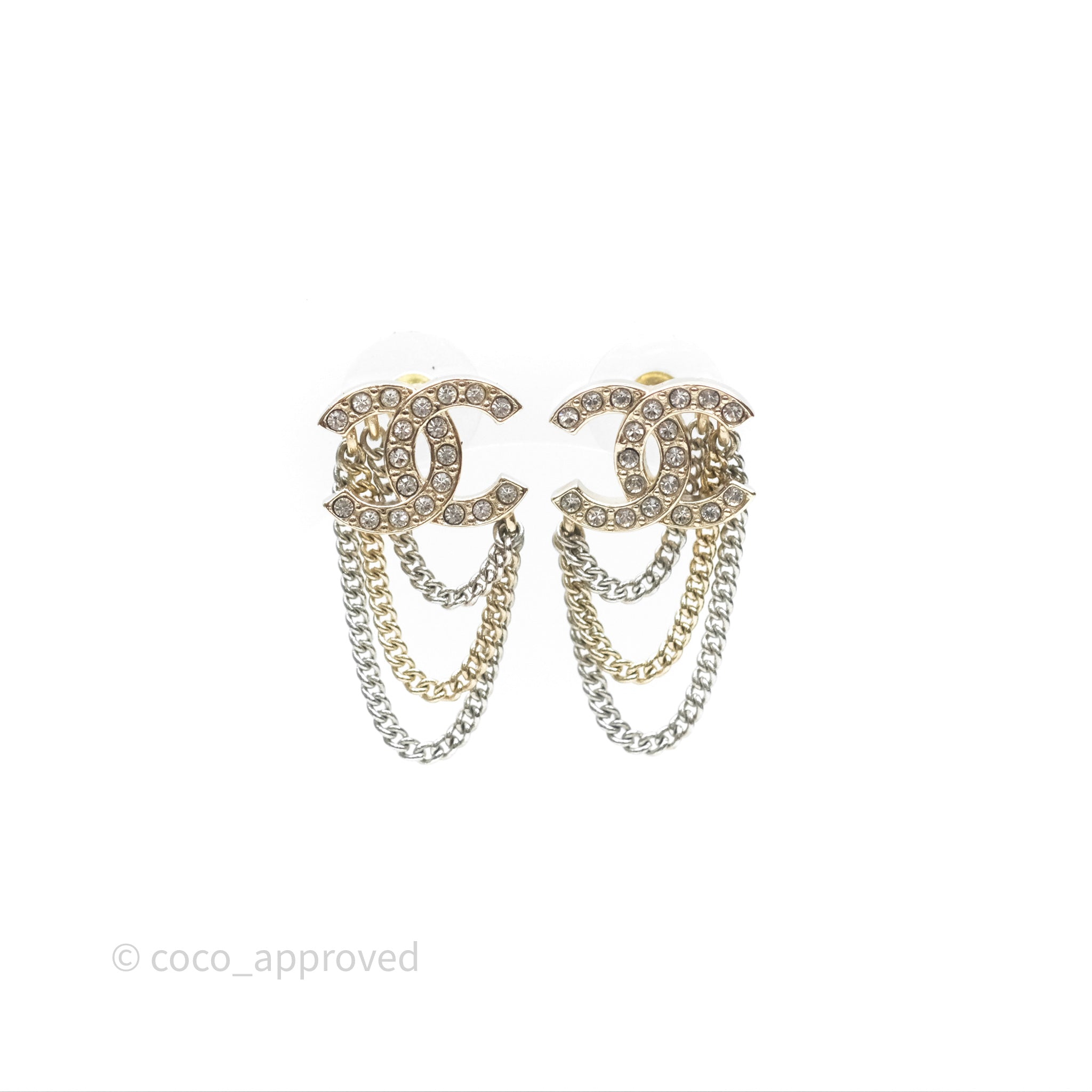 Chanel CC Crystal Chain Drop Earrings in Gold Tone - Elegant Luxury Jewelry for Women, Perfect for Parties, Weddings & Special Occasions