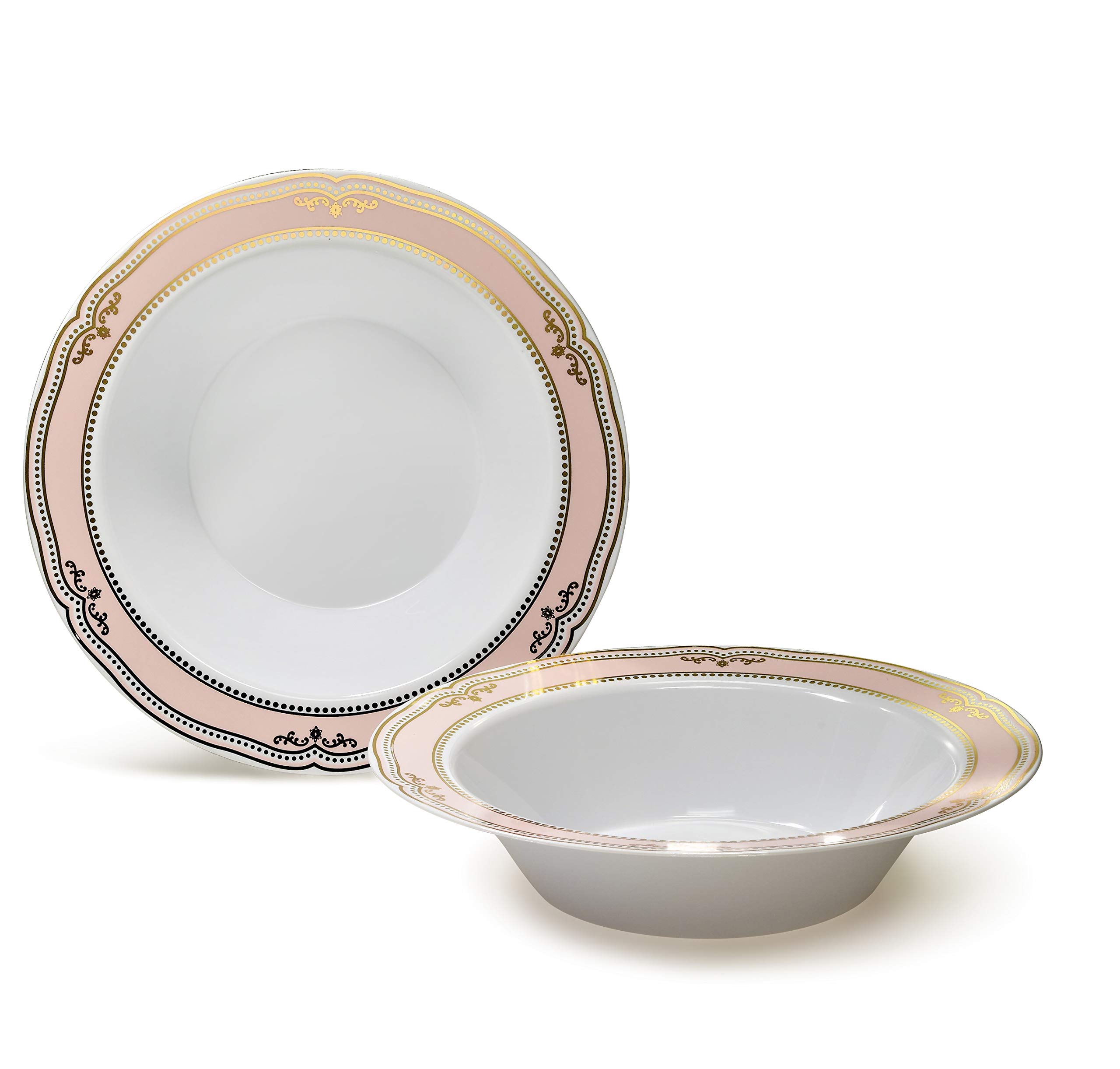 120-Piece Disposable Plastic Plates & Bowls Set - 12oz Scalloped Soup Bowls in White, Blush & Gold for Weddings, Parties & Events - Perfect for Catering, Buffets & Special Occasions