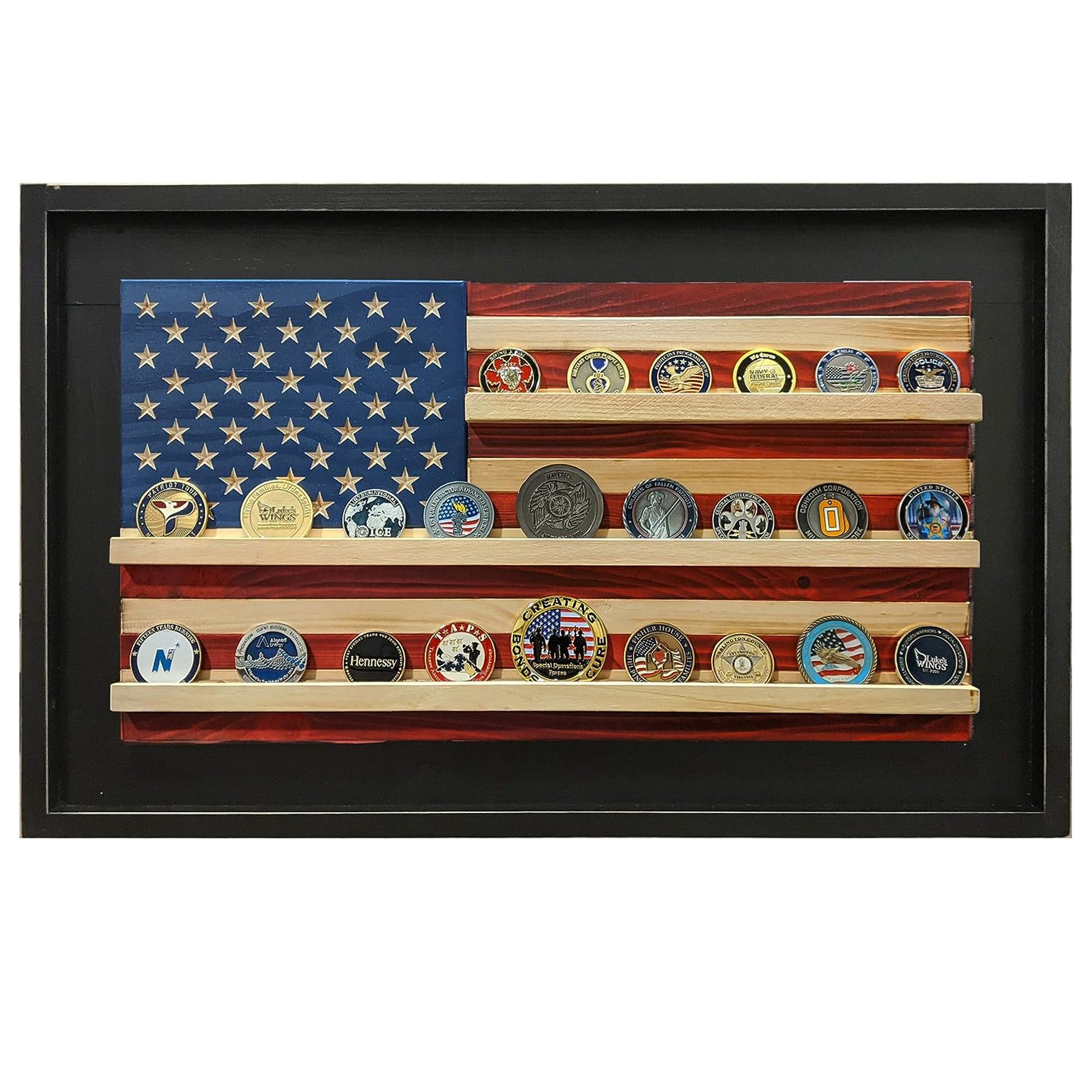 Flags of Valor Framed American Flag Military Coin Display - Holds 40 Challenge Coins, Veteran-Made USA Wall Decor for Home & Office - Ready to Hang US Flag Display Case (Medium 18.5x29.5 Inches) - Perfect for Military Collectors, Veterans Gifts & Patriotic Home Decor