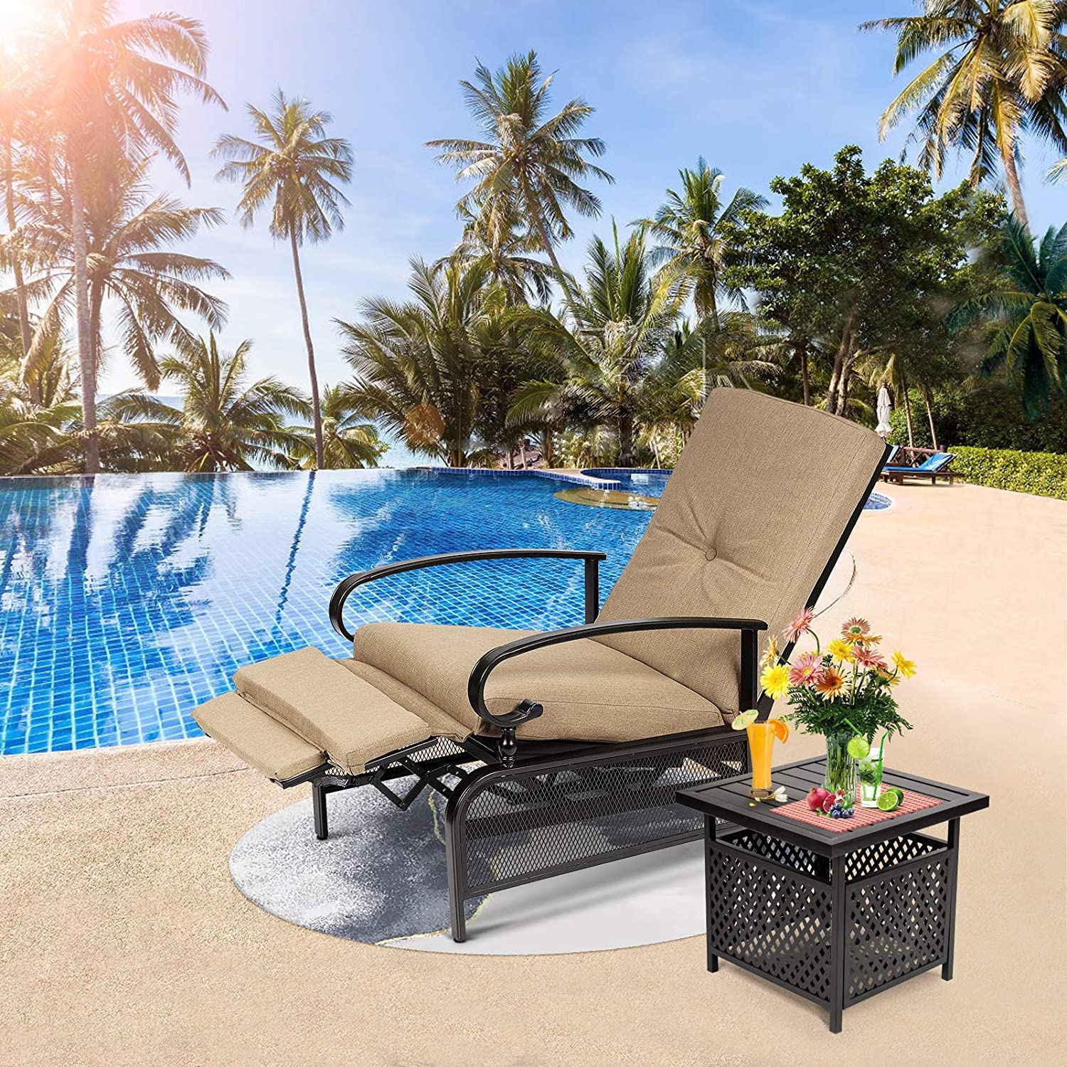 Outdoor Adjustable Lounge Chair Set - Patio Metal Recliner Sofa with Removable Cushions & Bistro Umbrella Table - 300lbs Weight Capacity (Brown) | Perfect for Backyard, Poolside, Beach & Garden Relaxation