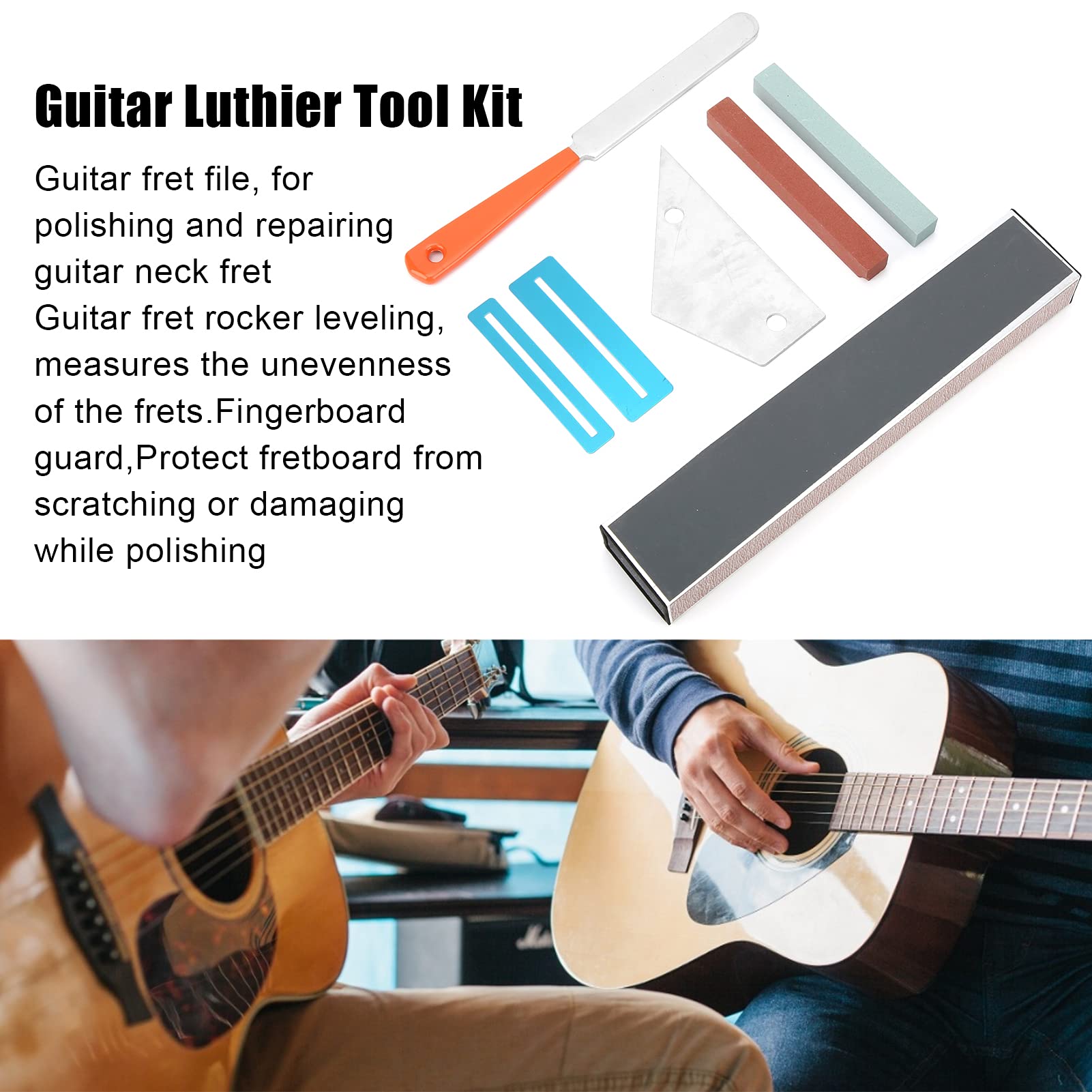 Professional Guitar Luthier Tool Kit - Includes Fret Crowning File, Fret Rocker, Fingerboard Guards, Grinding Stones & Leveling Beam | Guitar Repair & Maintenance Tools for DIY & Professional Use
