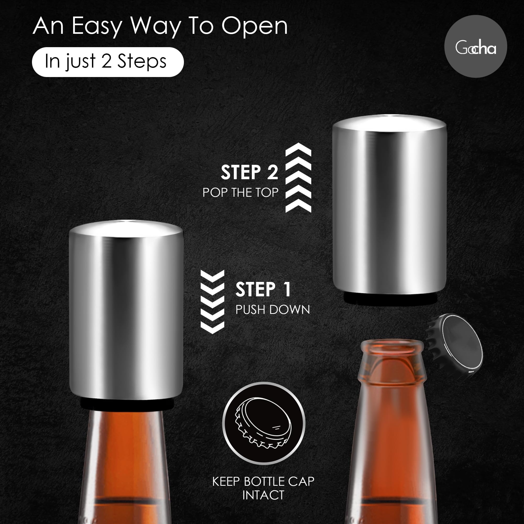 Premium Magnetic Bottle Opener - Automatic Push & Pull Beer Cap Opener with Stainless Steel Catcher - Pack of 1 (Silver) - Perfect for Kitchen, Bar, Camping, Parties & Outdoor Adventures