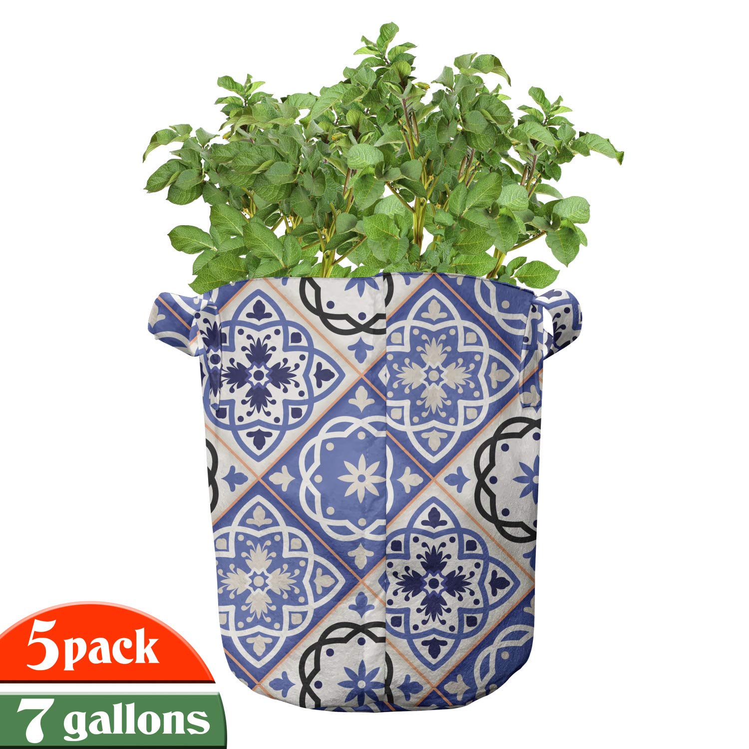 Ambesonne 5-Pack Moroccan Geometric Azulejo Design Heavy Duty Fabric Grow Bags with Handles - Violet Blue Black & Cream Plant Pots for Indoor/Outdoor Gardening, Vegetables, Herbs & Flowers