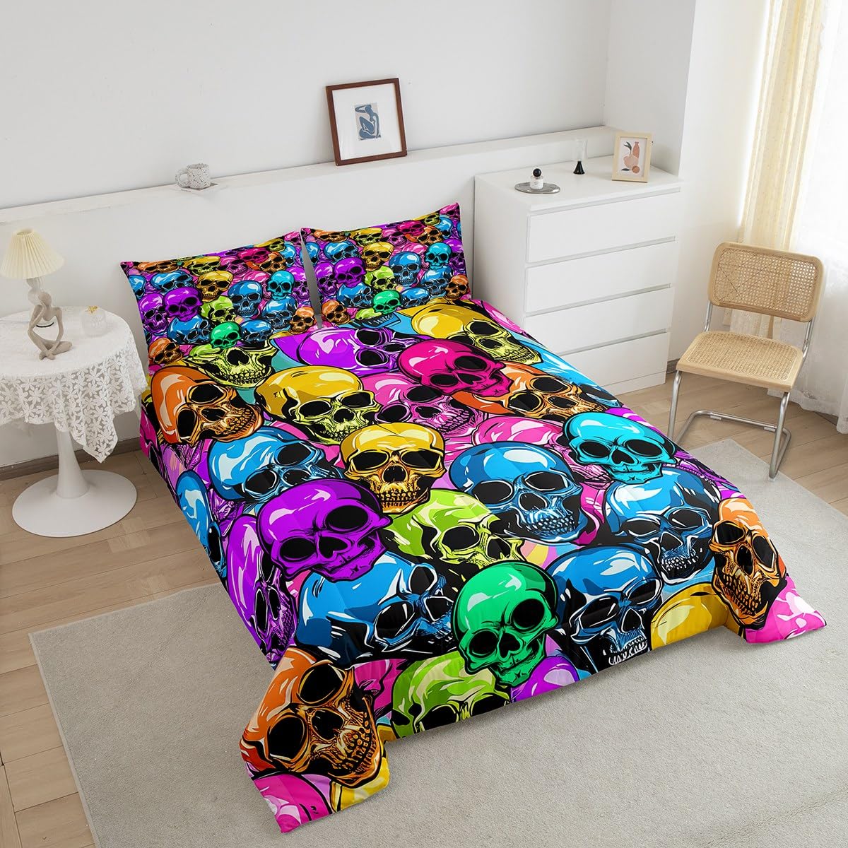 **Vibrant Sugar Skull Bedding Set - Gothic Skeleton Comforter with 2 Pillowcases - Queen Size Halloween Themed Bedroom Decor for Kids & Boys - Perfect for Spooky Room Makeovers & Themed Parties**