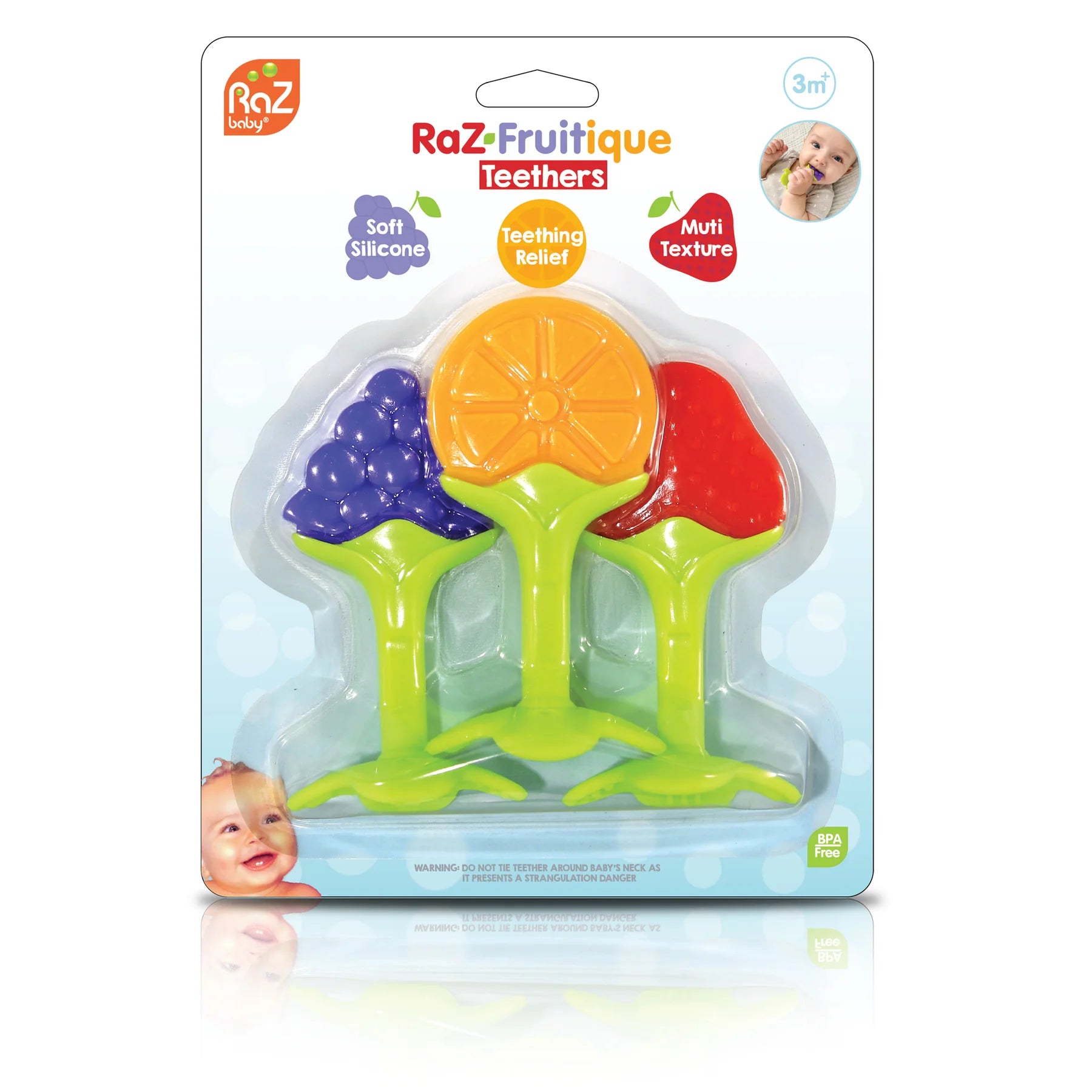 Razbaby Fruitique Silicone Teether Set - 3 Pack Baby Teething Toys for Soothing Sore Gums | BPA-Free, Soft & Safe for Infants | Perfect for Home, Travel & Daycare Use