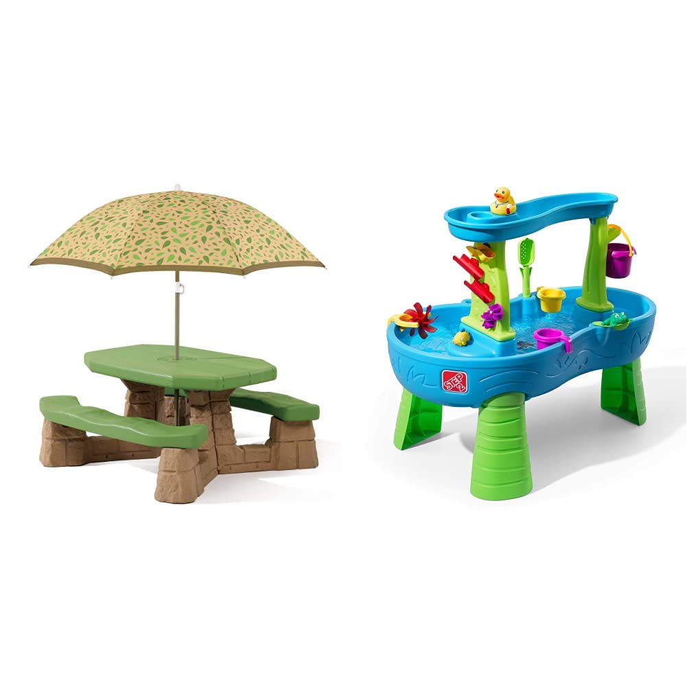 Step2 Naturally Playful Picnic Table with Umbrella & Rain Showers Splash Pond Water Table - Outdoor Kids Water Play Activity Center with 13-Piece Accessory Set for Backyard, Patio & Summer Fun