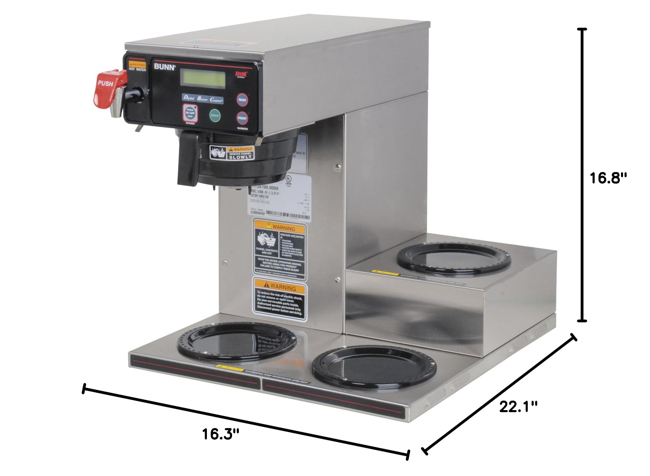 BUNN Axiom DV-3 Commercial Coffee Maker - 12 Cup Dual Voltage Automatic Brewer with 3 Lower Warmers, 7.5 Gallon Capacity, Grey (Model 38700.0009) - Perfect for Offices, Restaurants, and High-Volume Coffee Service