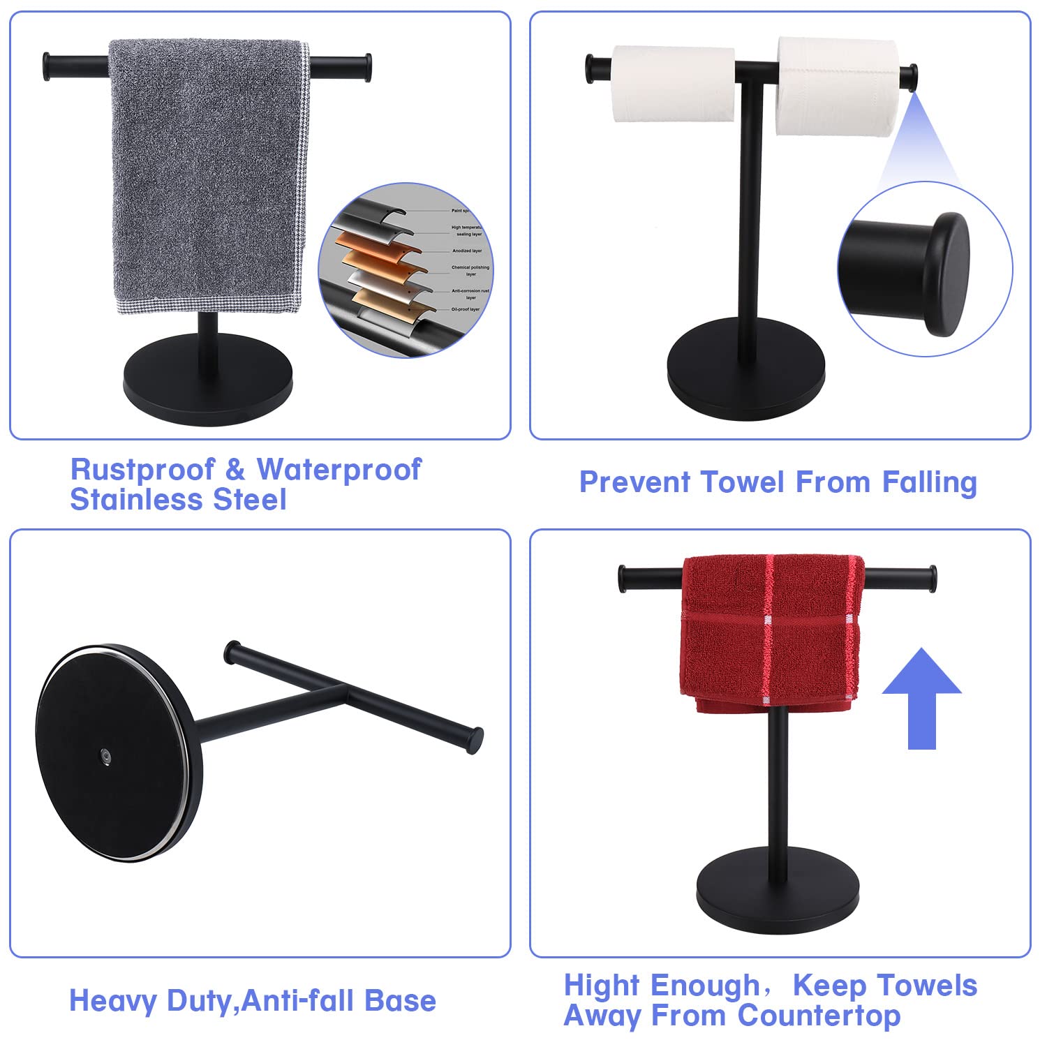 TocTen T-Shape Hand Towel Holder Stand - SUS 304 Stainless Steel Bathroom Towel Rack with Heavy Duty Base for Vanity Countertop (Matte Black) - Perfect for Bathroom, Kitchen & Guest Room Organization