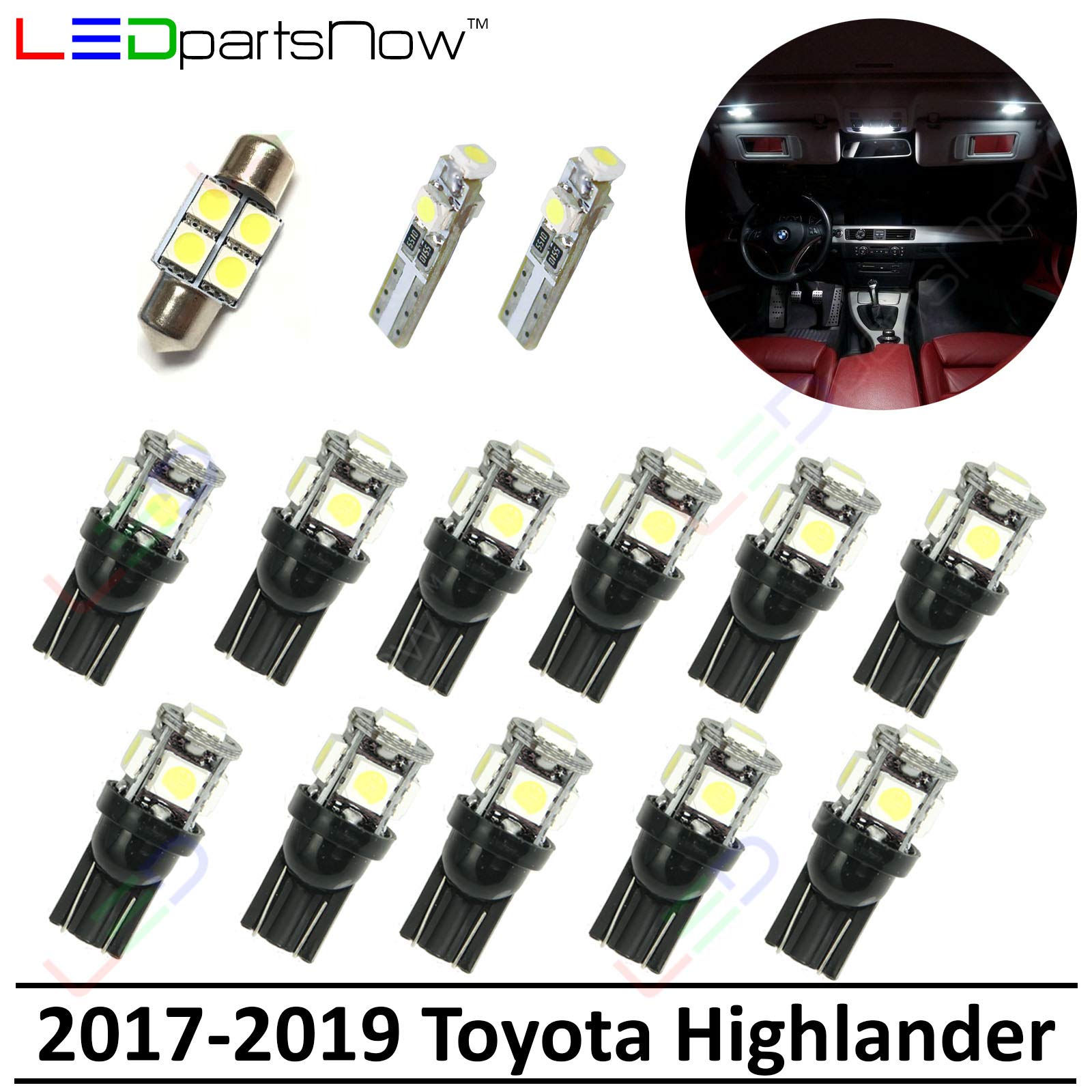 2017-2020 Toyota Highlander Interior LED Light Bulbs Replacement Kit - 14 Piece White LED Car Accessories for Cabin, Dome, Map & Door Lights - Upgrade Your Vehicle Lighting for Night Driving & Interior Ambience