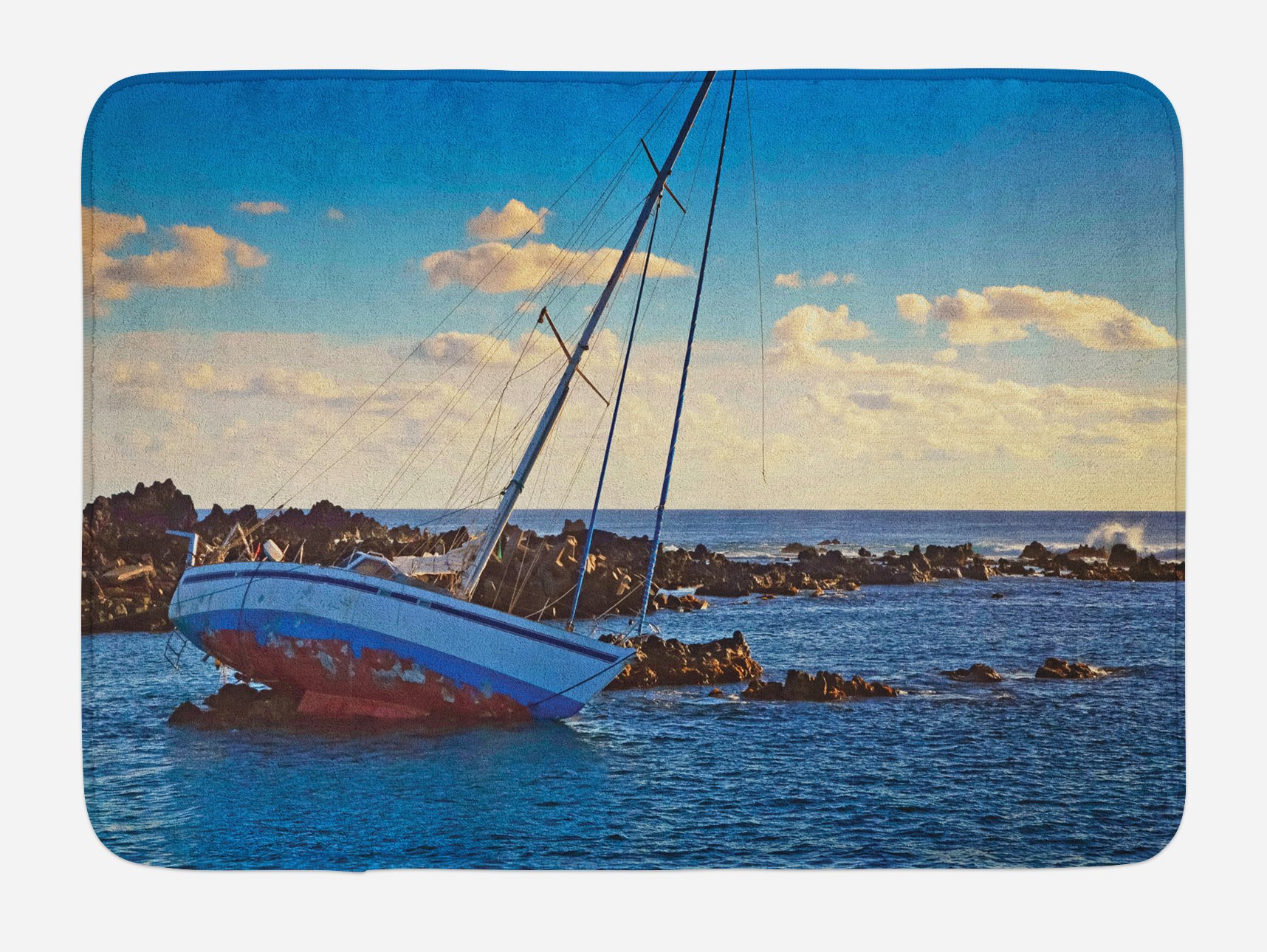 Ambesonne Non-Slip Plush Bath Mat - Shipwreck & Yacht Coastal Scene with Ledge Rocks, 30.2 x 20 Inches, Blue & Brown - Perfect for Bathroom Decor, Beach House, or Nautical Theme