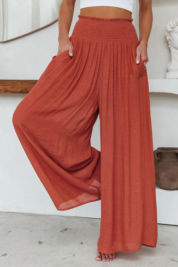Stylish Travel Halfway Smocked Pocketed Wide Leg Pants for Women - Comfortable & Flowy Vacation Outfit for Beach, Cruise & Summer Getaways