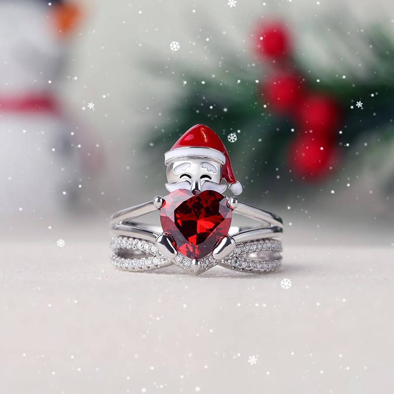 Jeulia Sterling Silver Santa Claus Heart Cut Ring Set for Women - Elegant Gift for Wife, Girlfriend, Engagement, Wedding, Anniversary, Christmas & Birthday - Comes with Jewelry Box | Perfect for Romantic Occasions, Holiday Gifting & Special Celebrations