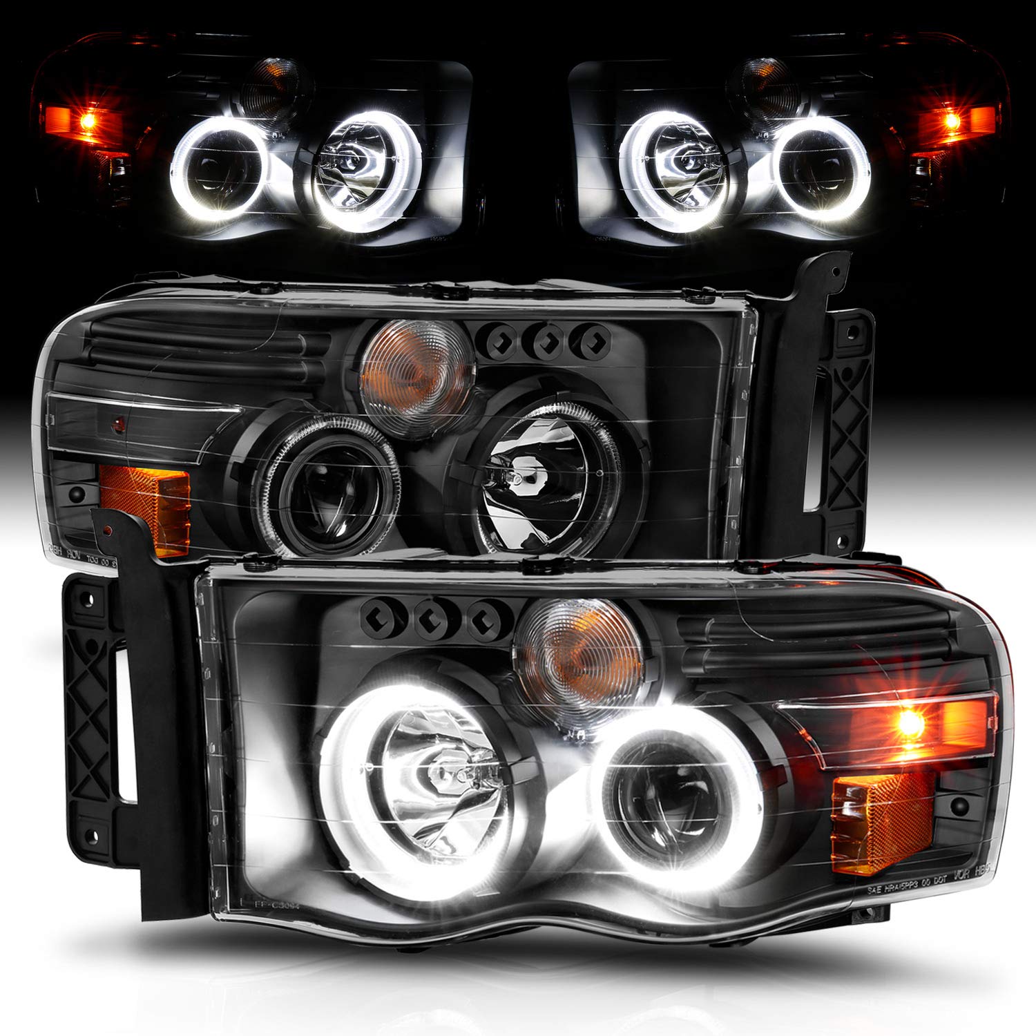 AmeriLite Black Dual LED Halo Rings Projector Headlights Replacement Pair for 2002-2005 Dodge RAM 1500 2500 3500 Truck - Driver & Passenger Side | High Visibility Night Driving & Off-Road Use