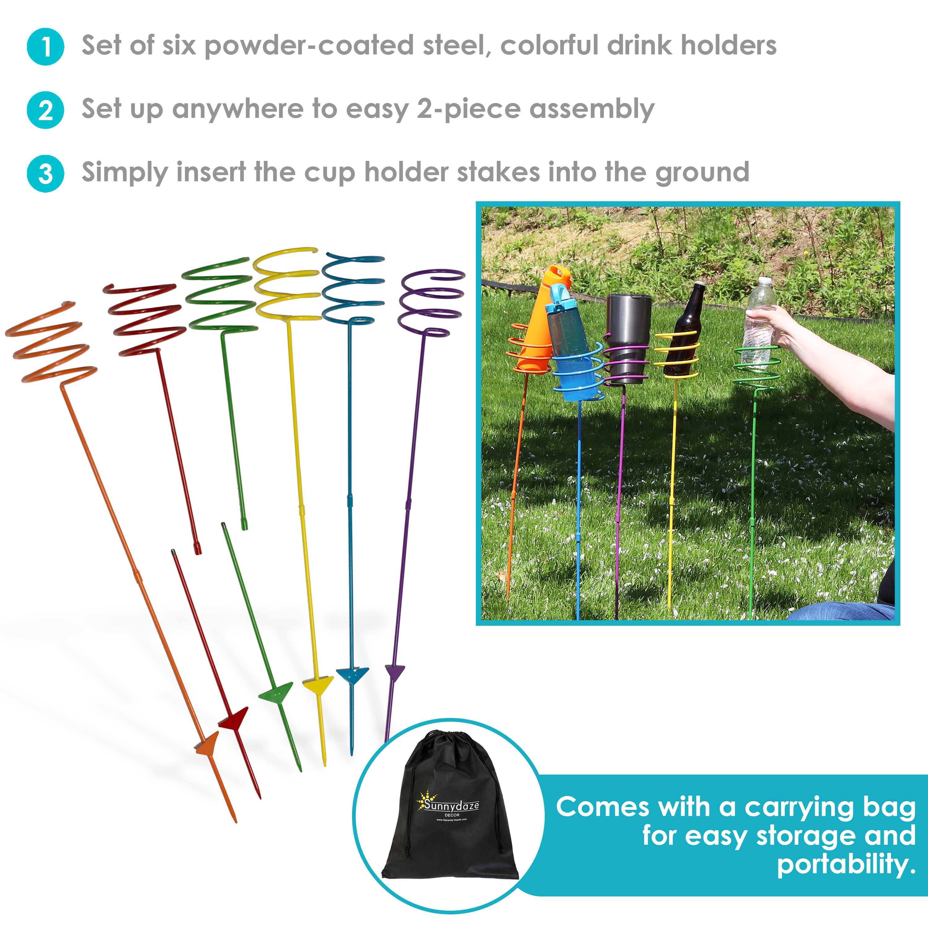 Sunnydaze Heavy Duty Metal Drink Holder Stakes - 4-Pack, Multicolor - Perfect for Outdoor Parties, BBQs, Picnics & Beach Use