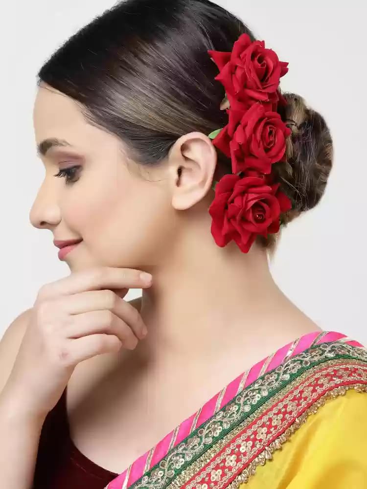 Red Rose Flower Hair Clips for Women - Pack of 2 | Artificial Rose Hair Accessories for Bridal, Party & Everyday Wear