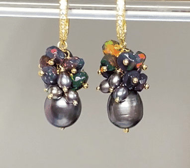 Black Grey Pearl Black Opal Cluster Earrings in Gold - Elegant Dangle Earrings for Women, Perfect for Parties, Weddings & Special Occasions