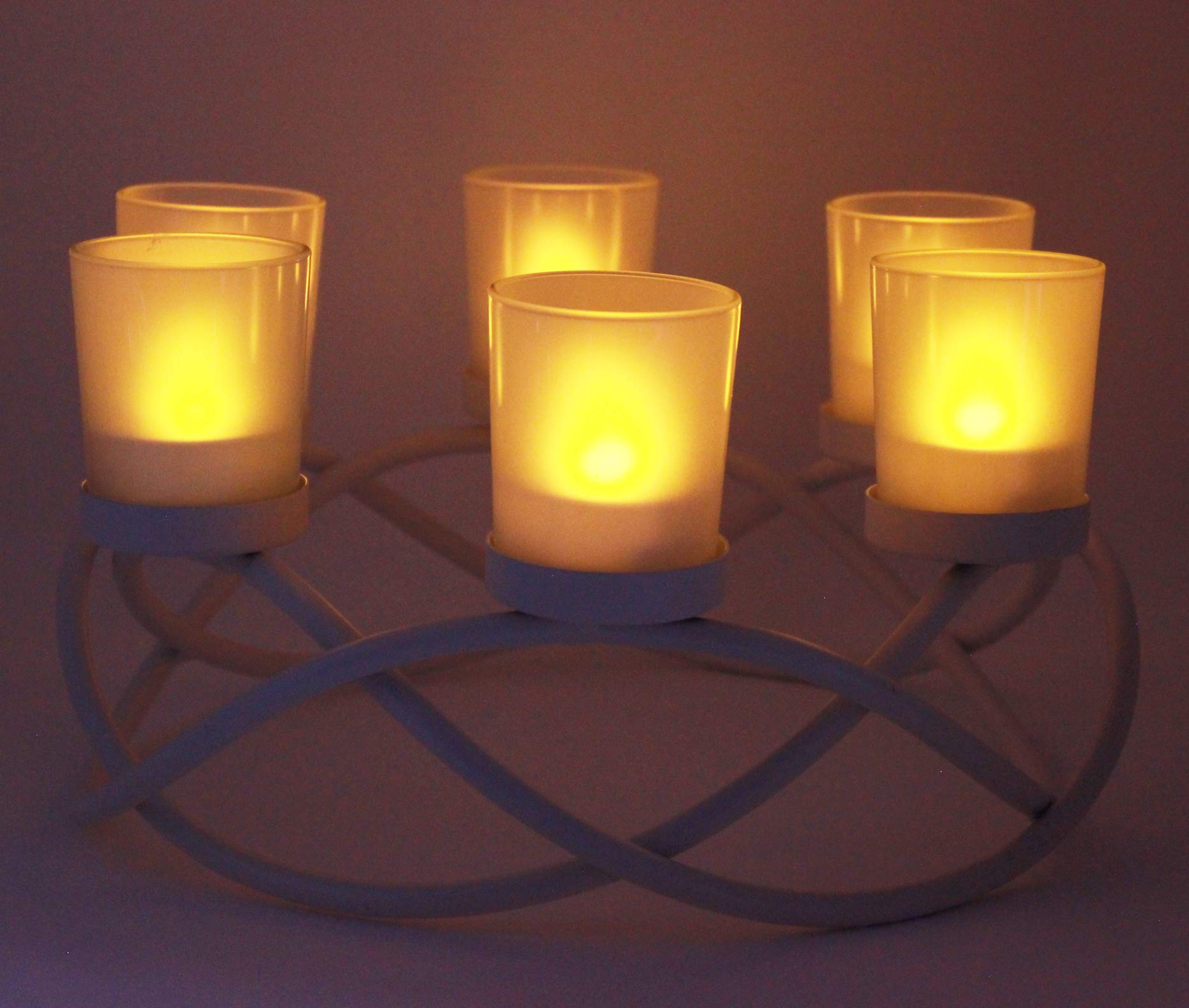 Seraphic Iron Round Table Centerpiece with 6 Clear Glass Votive Tealight Holders - Elegant Candle Holder for Weddings, Outdoor Patio, Kitchen, Dining Room & Coffee Tables - Perfect for Romantic Dinners, Holiday Decor & Home Ambiance