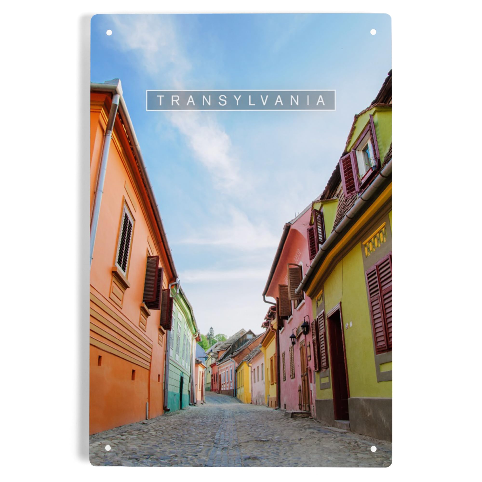 Vintage Transylvania Romania Metal Sign - 6x9 Inch Medieval Town Street & Houses Wall Decor - Perfect for Home, Bar, Cafe, or Office Decoration