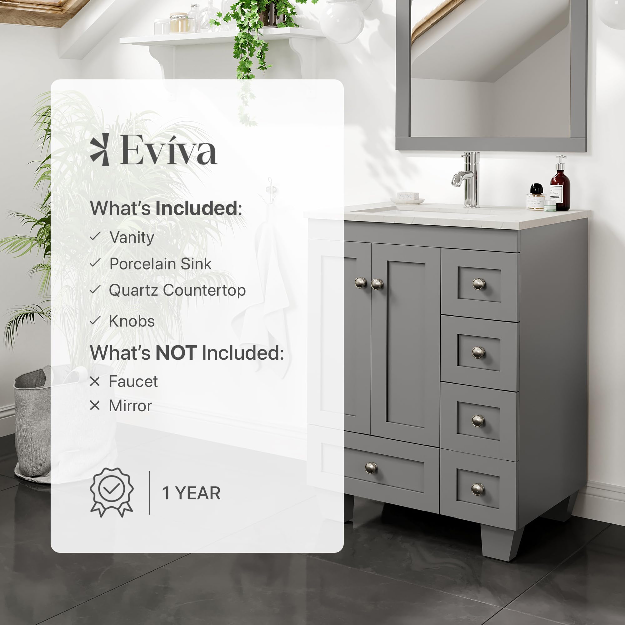 Eviva Happy 24 Inch Bathroom Vanity Set with Quartz Countertop & Porcelain Sink - Grey Small Bathroom Cabinet for Modern Spaces | Perfect for Powder Rooms, Guest Baths & Compact Master Bathrooms