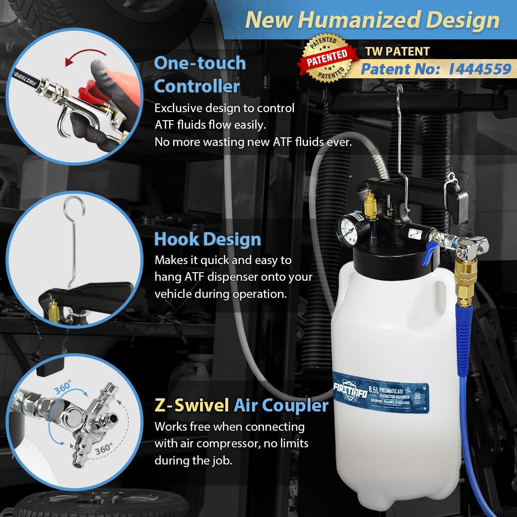 FIRSTINFO Patented 8.5 Liter 17 Pcs ATF Filler Adapter Kit | Pneumatic Transmission Fluid Dispenser Pump with Refilling Funnel | Perfect for Car Maintenance, Auto Repair Shops & DIY Transmission Fluid Change