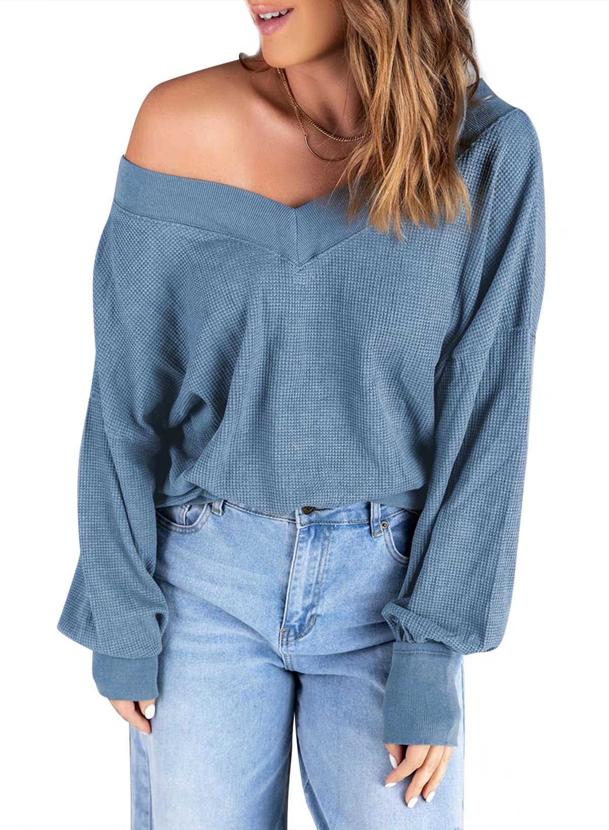 Aleumdr Women's V-Neck Long Sleeve Waffle Knit Sweater - Off Shoulder Pullover Jumper Tops for Fall & Winter | Casual Outfits, Date Night, Office Wear