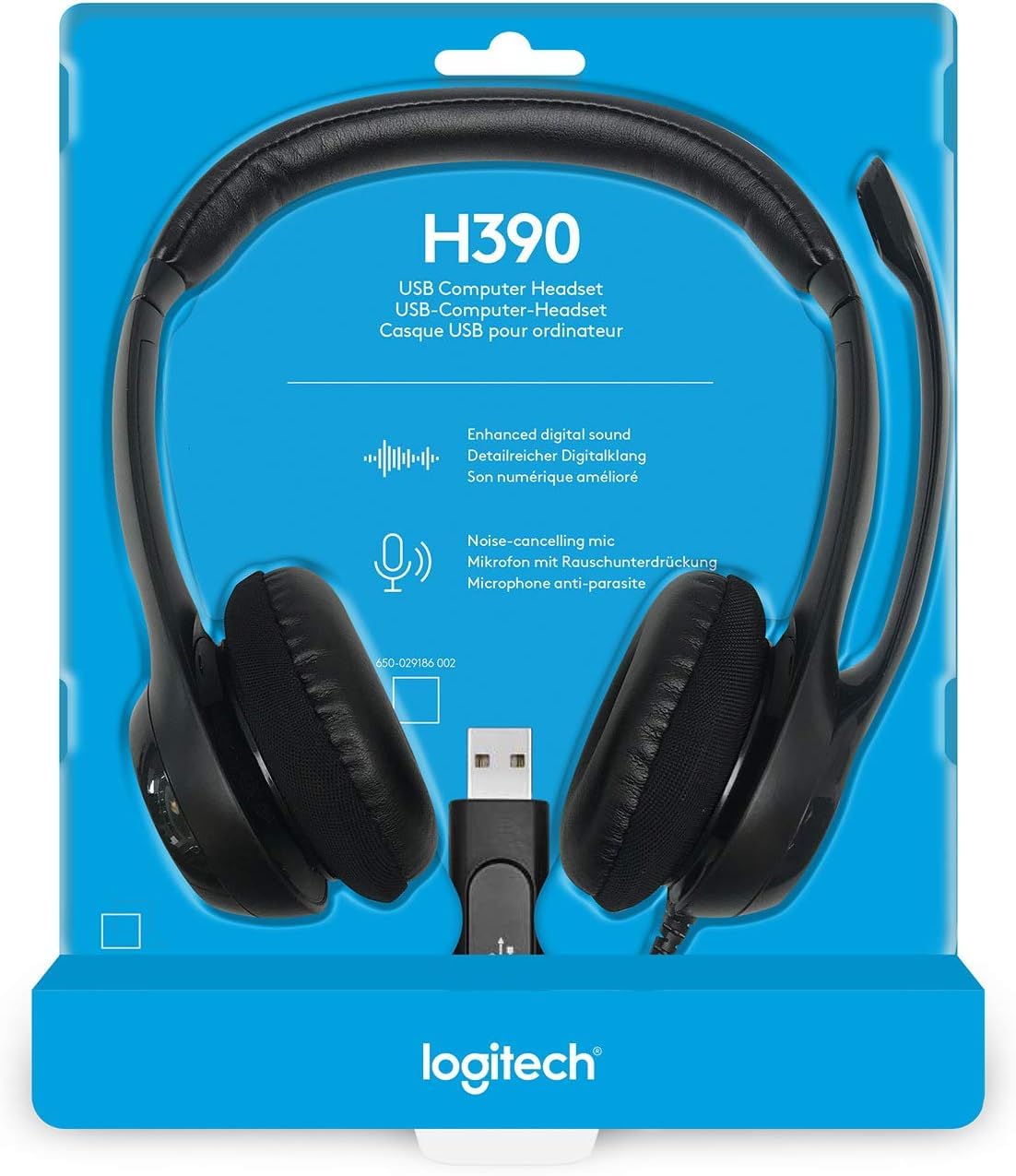 Logitech H390 USB Wired Headset with Noise Cancelling Microphone for PC & Laptop - Stereo Sound, In-Line Volume Control, Comfortable Ear Cushions (Black, Bulk Packaging) - Perfect for Office Work, Online Meetings & Gaming