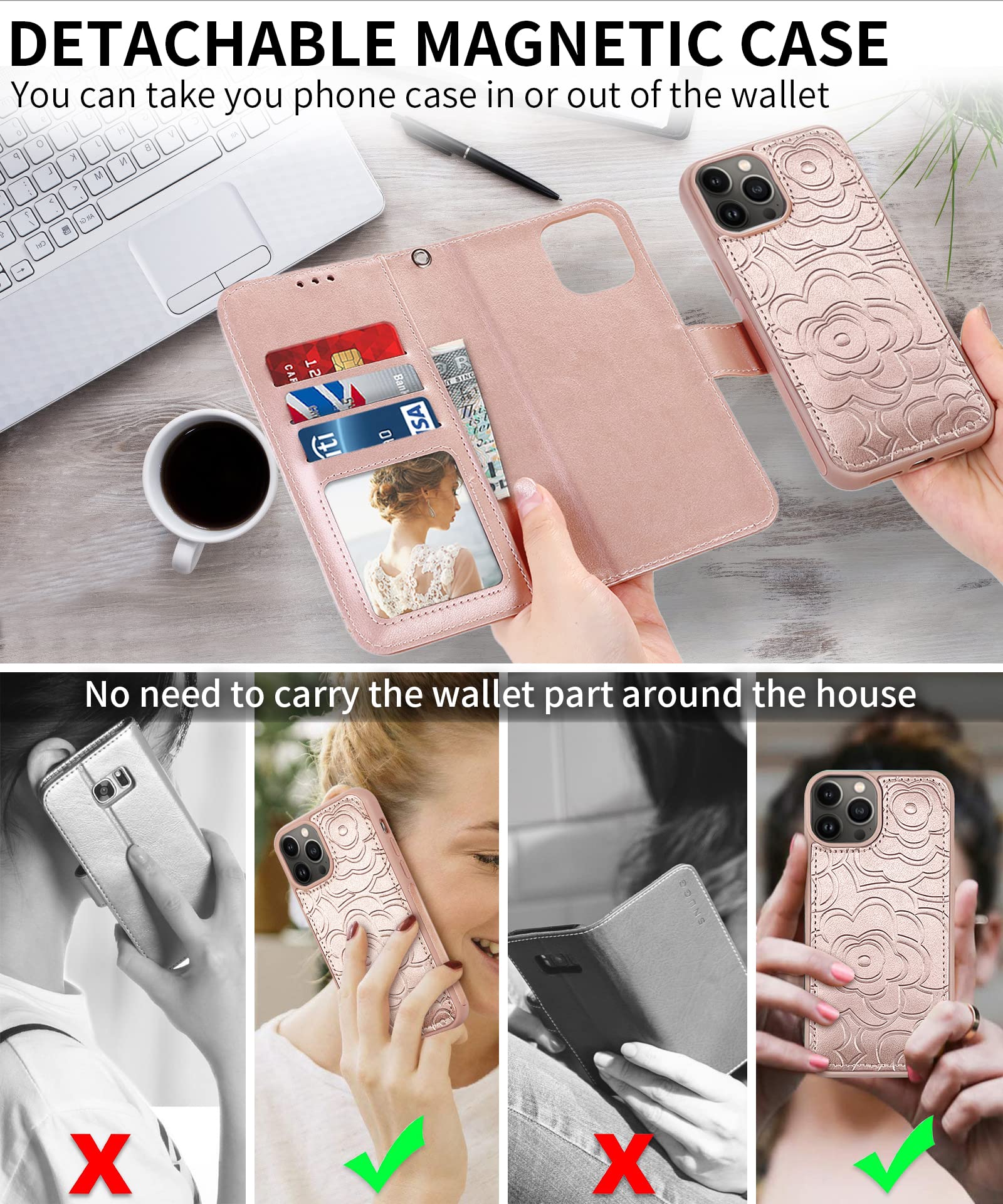 Magnetic Detachable Wallet Case for iPhone 13 Pro Max 5G - Leather Folio Flip Cover with RFID Card Holder & Strap - Women's Camellia Rose Pink Phone Case | Perfect for Everyday Use, Travel & Secure Card Storage
