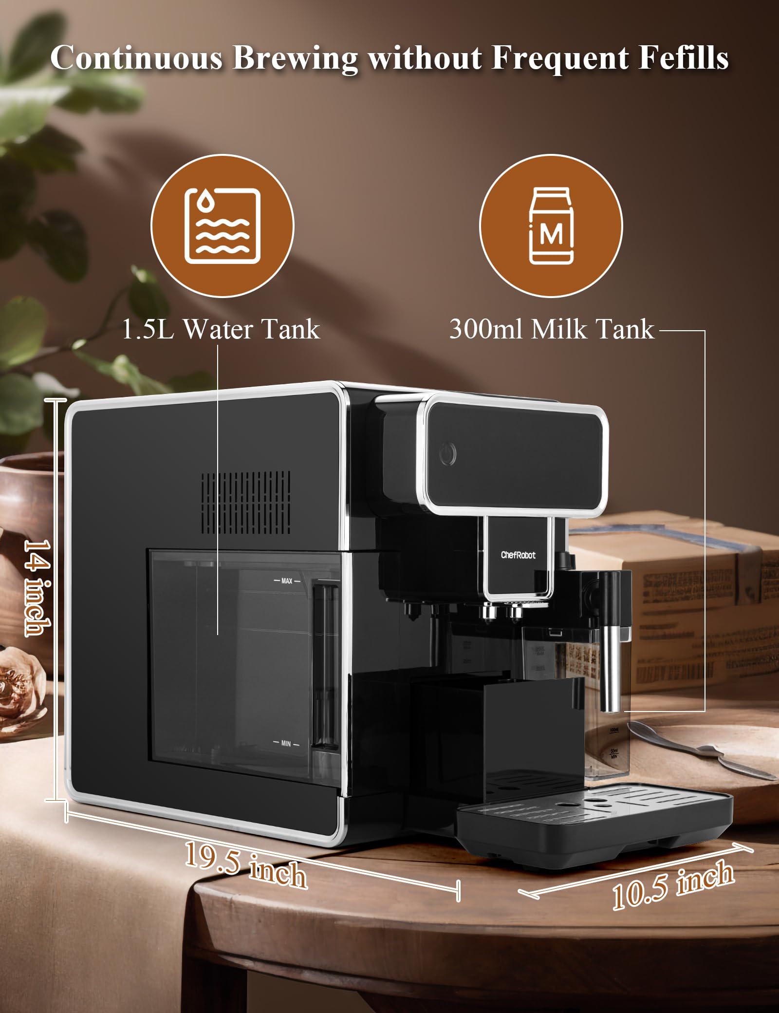 Fully Automatic Coffee Maker with Built-in 3-Level Grinder - Espresso, Cappuccino, Latte & Americano Machine - Self-Cleaning 12-Cup Coffee Brewer for Home, Office & Restaurant Use
