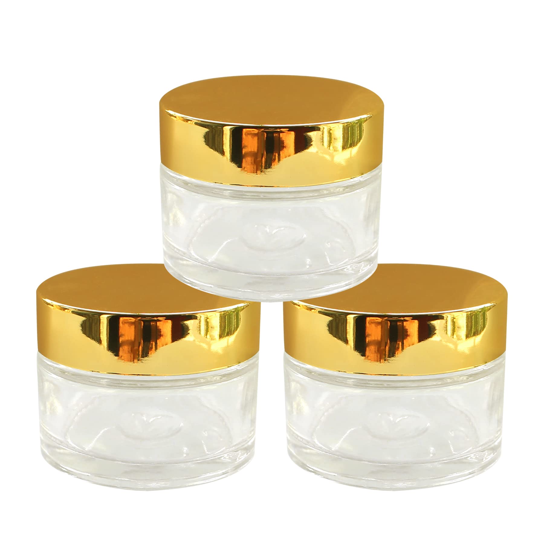 Premium 50ml Empty Round Glass Cosmetic Jars with Golden Cap & White Inner Lids - 3 Pack for Creams, Balms, Face Scrubs & Body Butter - Perfect for DIY Skincare, Travel Size Toiletries & Gift Packaging