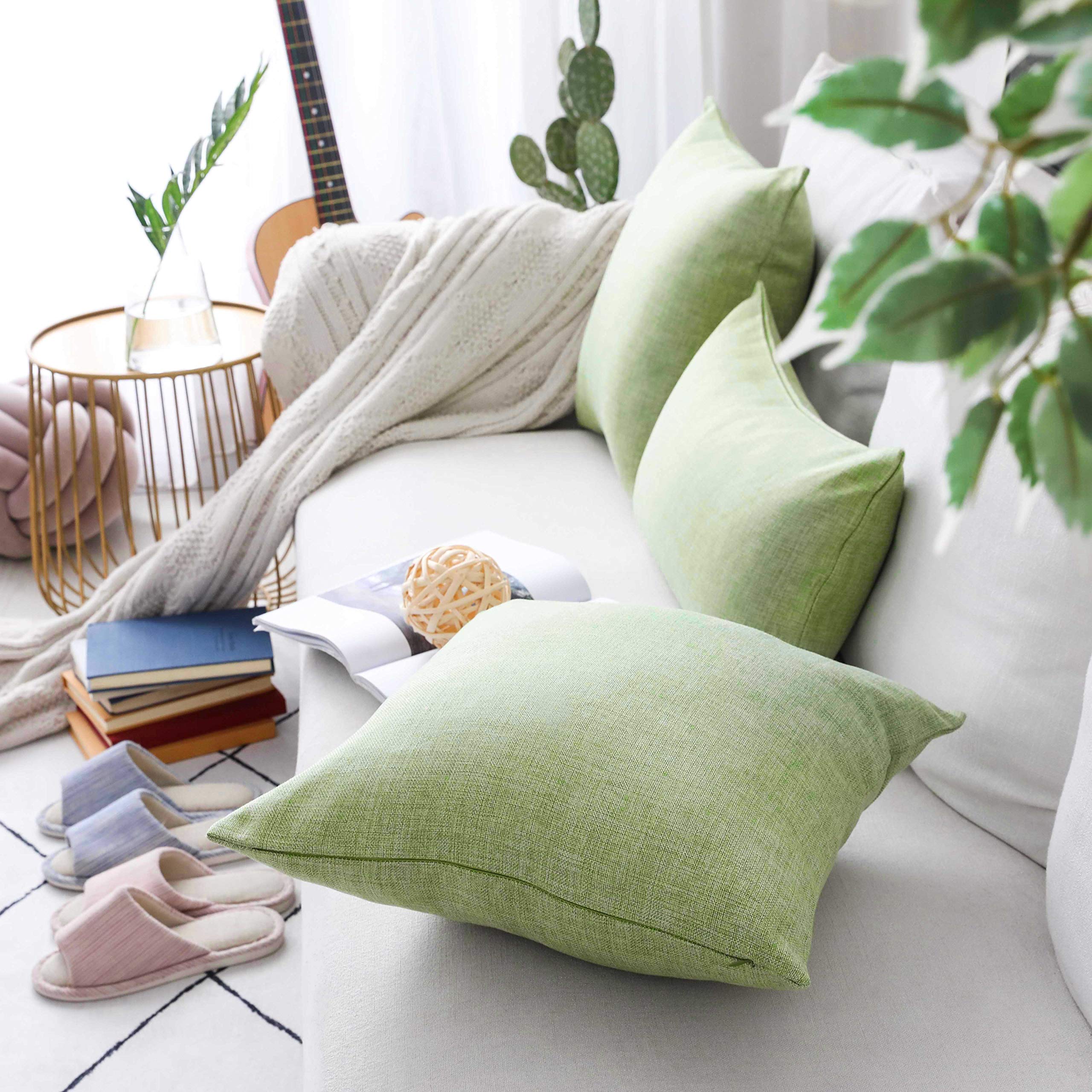 Linen Textured Decorative Pillow Covers 18x18 Inches - Set of 4 Sage Green Burlap Sofa Cushion Slipcovers for Living Room, Bed & Couch - Spring Home Decor for Cozy Indoor Spaces