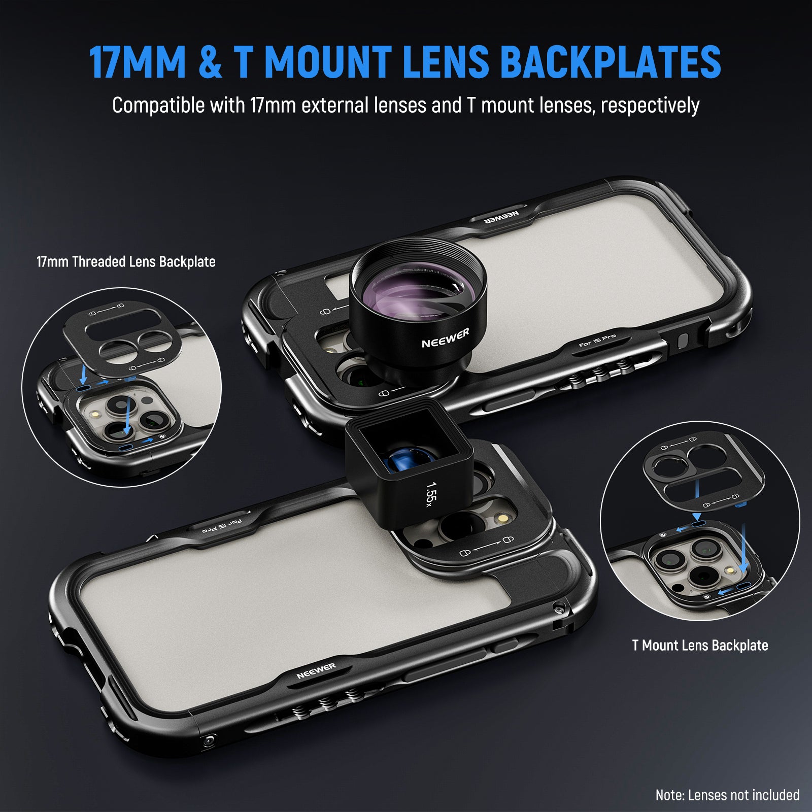 NEEWER PA043/PA044+PA045B 2nd Gen iPhone 15 Pro/Pro Max Camera Cage - Professional Aluminum Alloy Rig for Video & Photography - Perfect for Vlogging, Filmmaking, and Content Creation