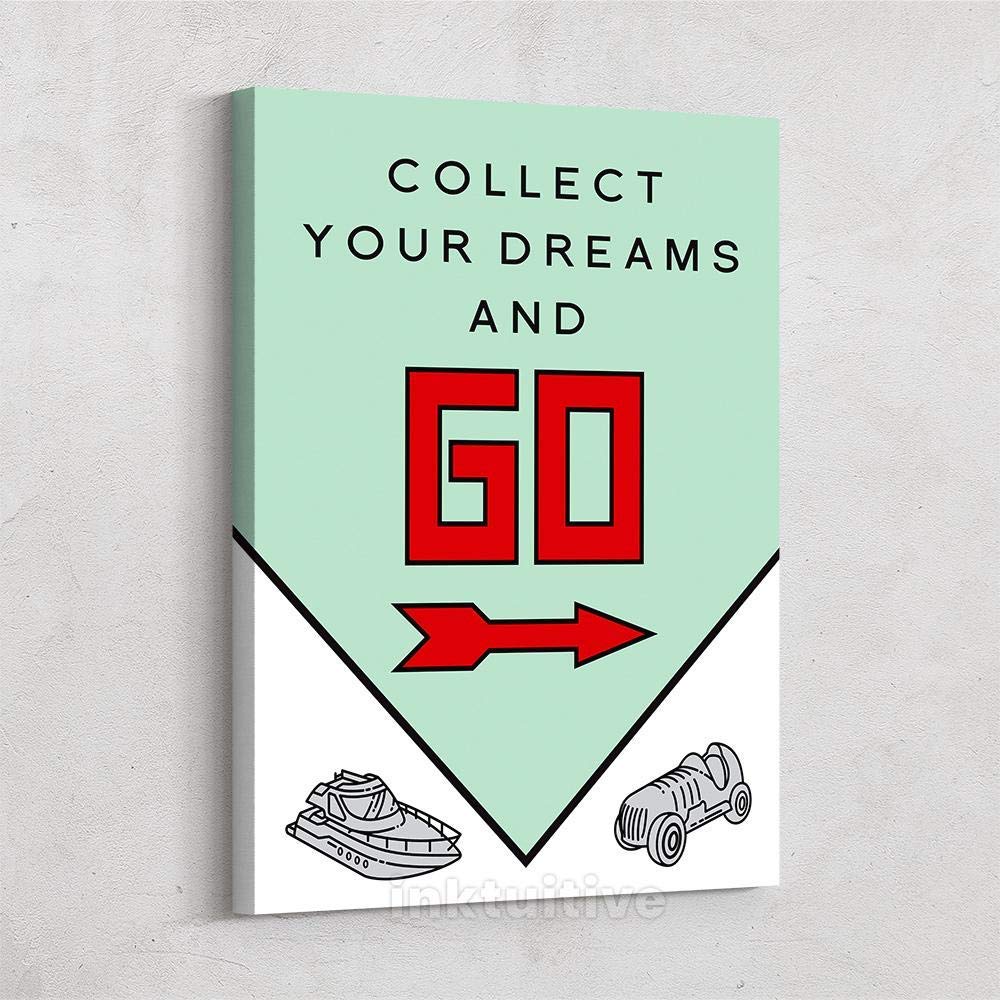 Inktuitive 'Collect And Go' Motivational Canvas Wall Art - Monopoly Pennybags Framed Print 40x30 - Inspirational Home Decor for Living Room, Office & Game Room