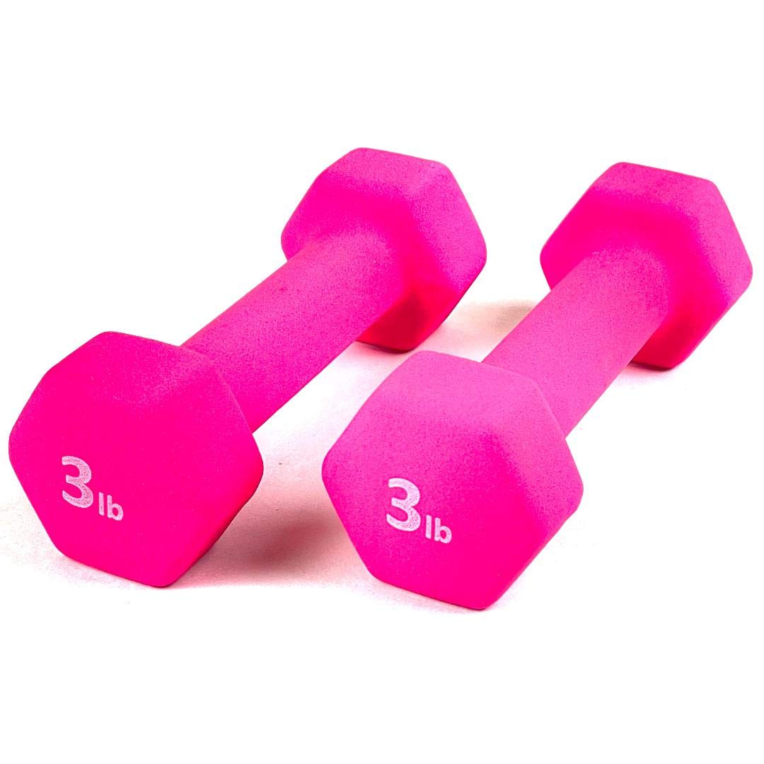 FRS Neoprene Coated Hex Dumbbell Weights 3LB Pair - Hot Pink for Women's Home Gym, Strength Training & Yoga | Non-Slip Grip, Quiet Workout Equipment